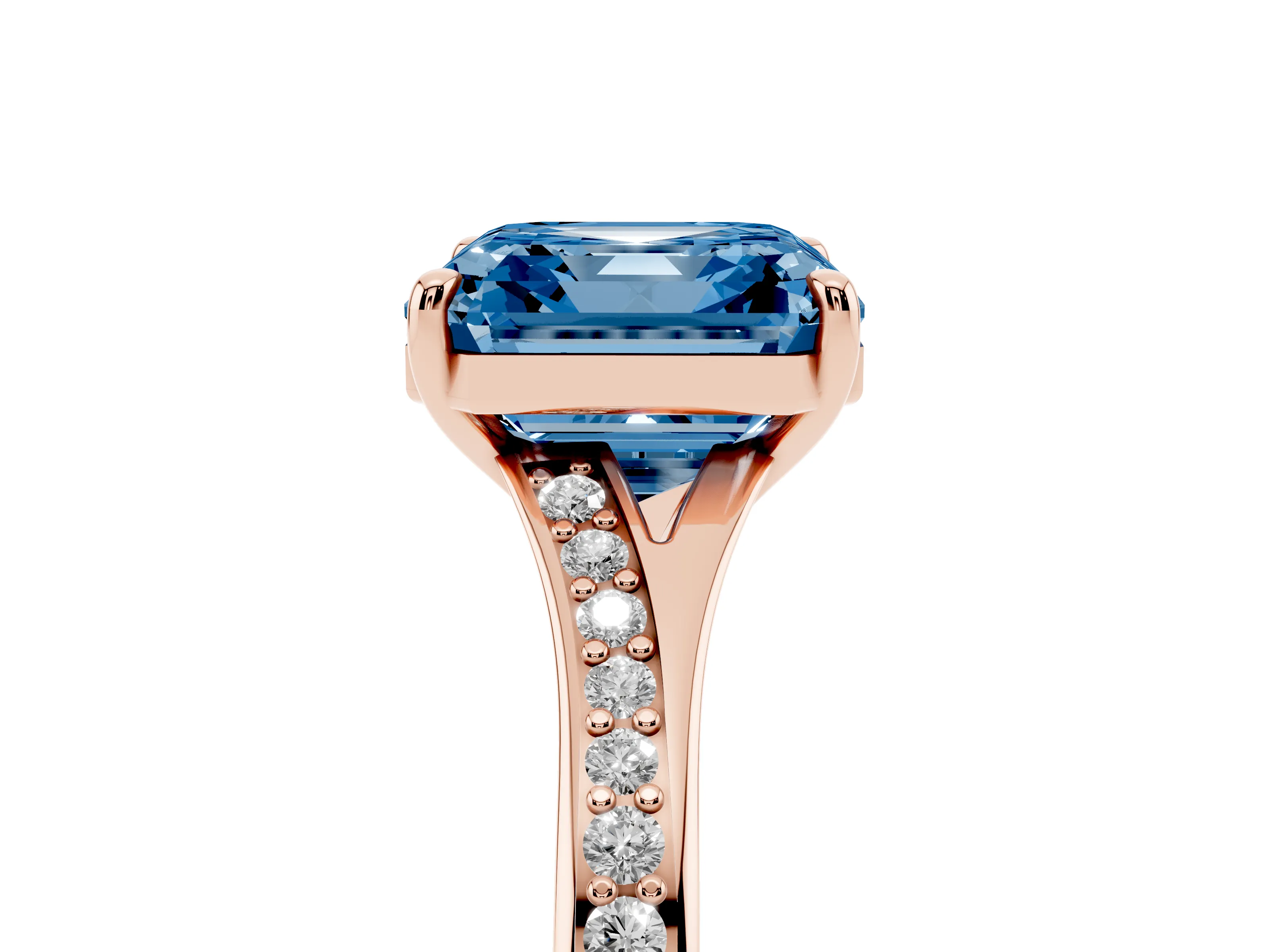 Fancy Blue Asscher Cut Diamond Solitaire Ring Set in Rose gold with Pavé Accent Band and Classic Prong Setting