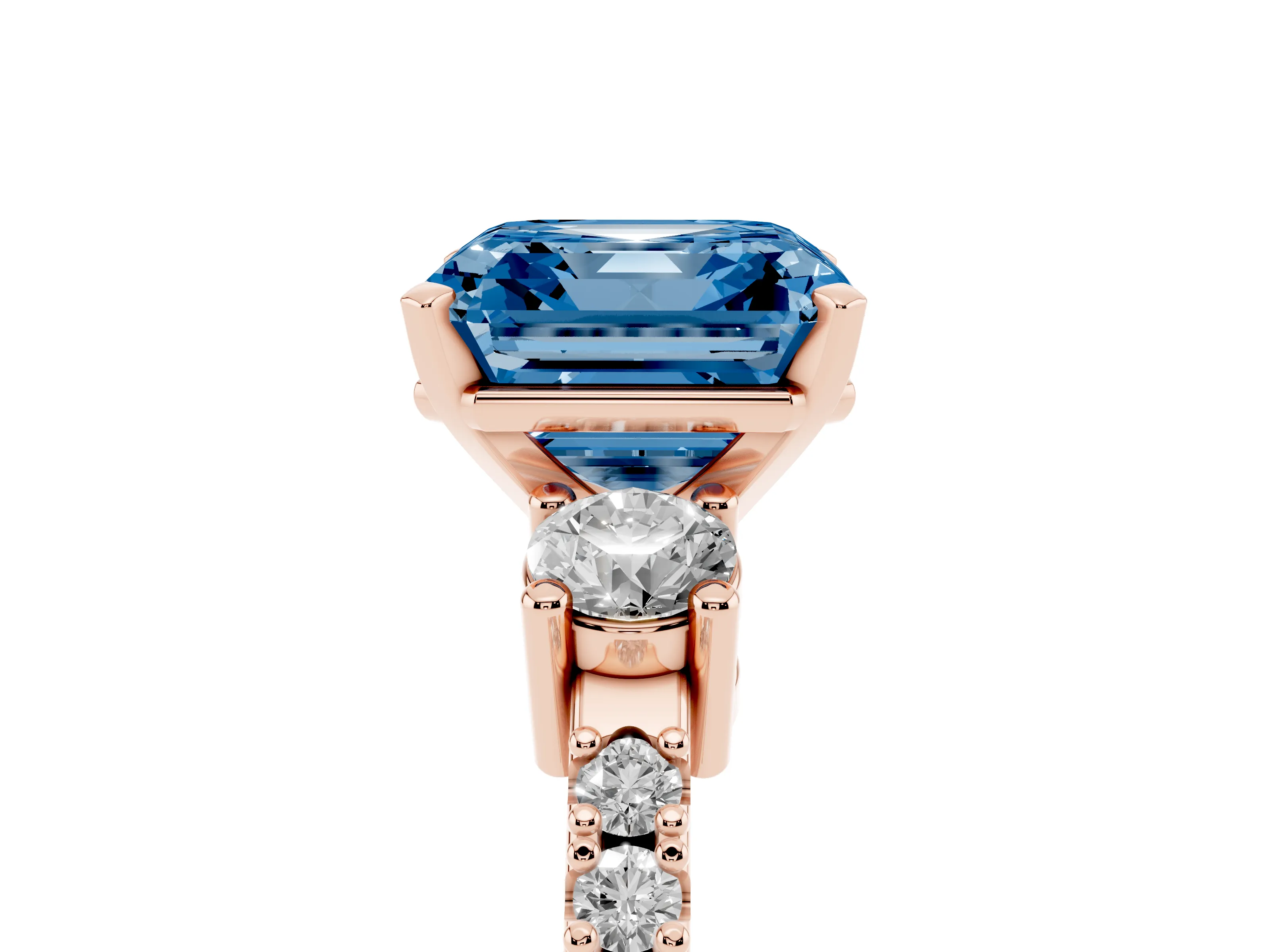 Fancy Blue Three-Stone Asscher Cut Diamond Pavé Band Ring Set in Rose gold with Prong Setting