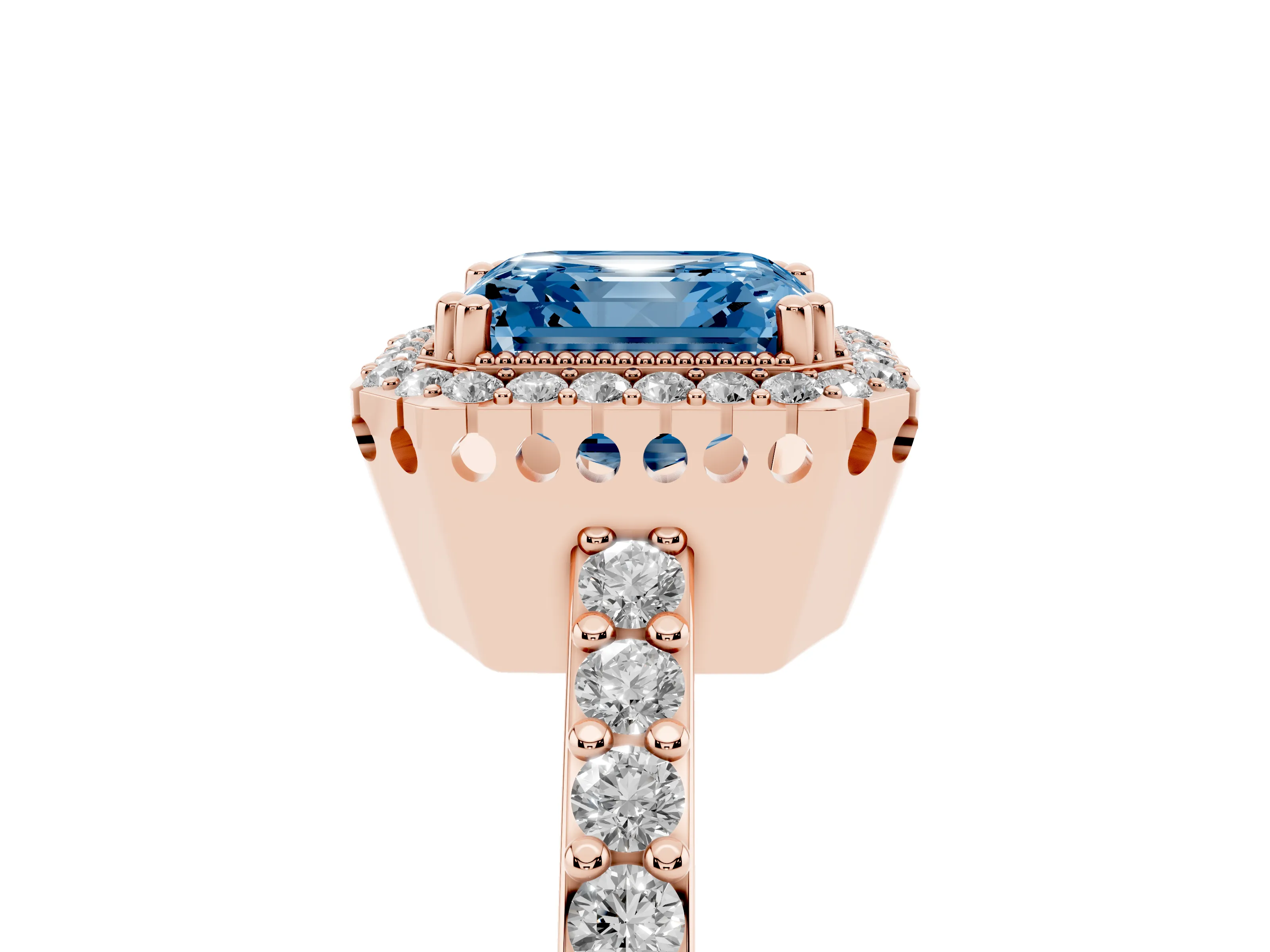 Fancy Blue Asscher Cut Diamond Halo Engagement Ring Set in Rose gold with Milgrain Detail and Pavé Band