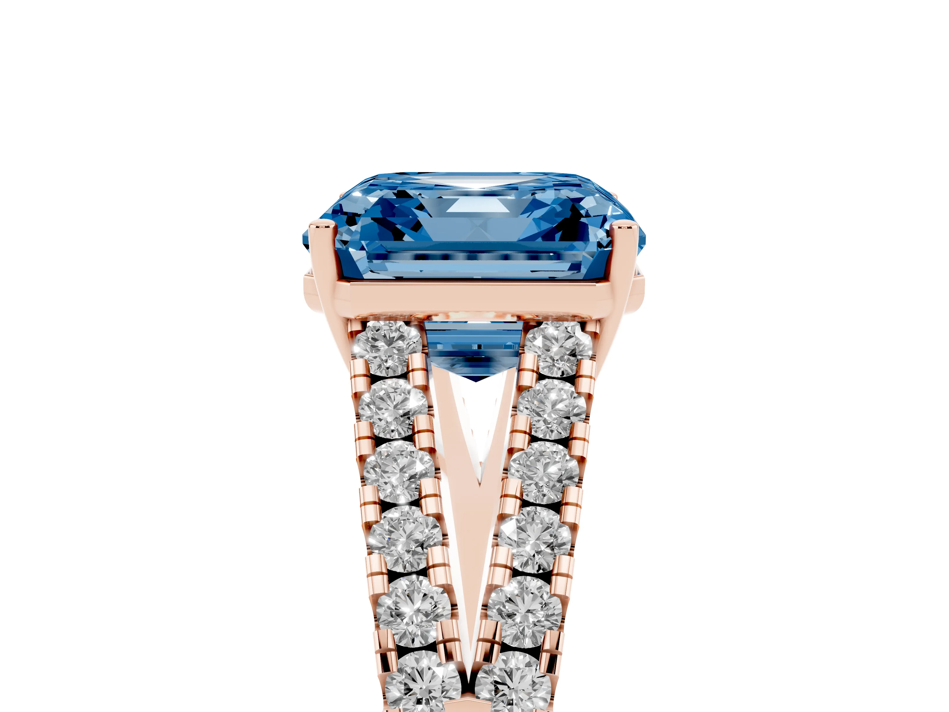 Fancy Blue Asscher Cut Diamond Split Shank Engagement Ring Set in Rose gold with Round Pavé and Prong Setting