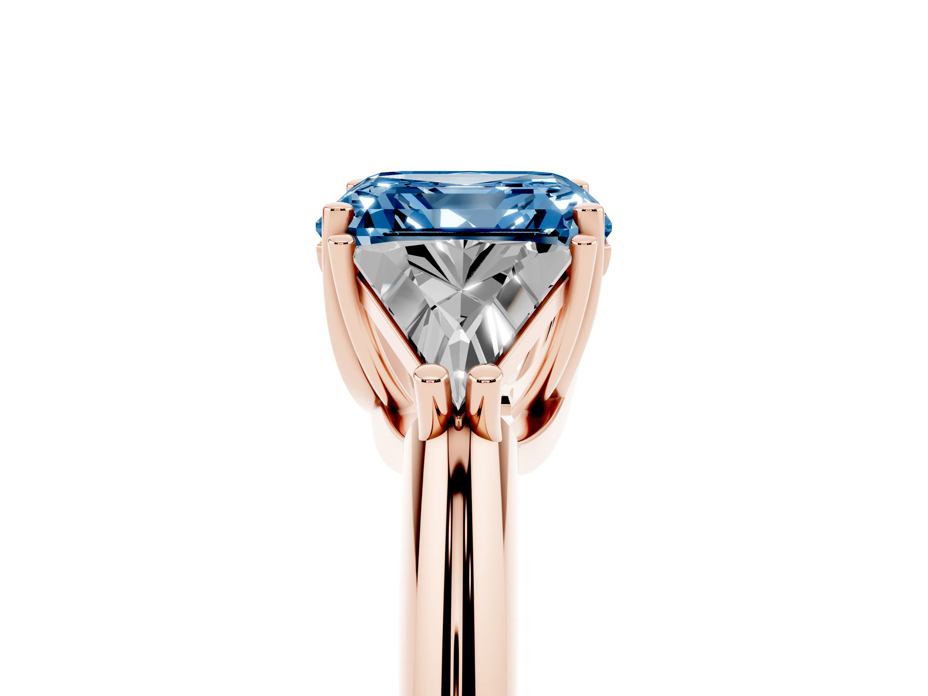 Fancy Blue Asscher Cut Diamond Three-Stone Engagement Ring Set in Rose gold with Trillion Side Stones