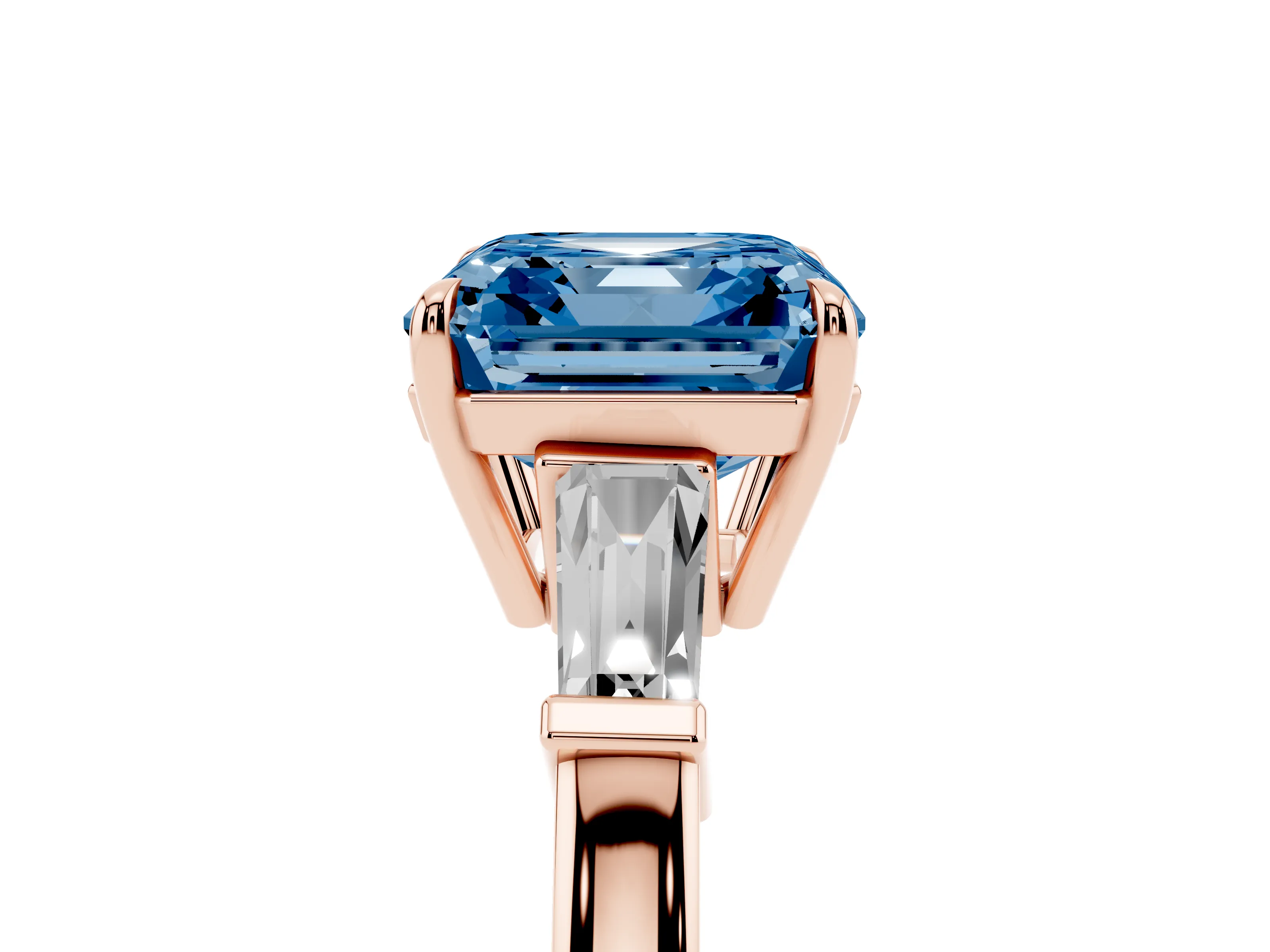 Fancy Blue Asscher Cut Diamond Three-Stone Ring Set in Rose gold with Tapered Baguette Side Stones and Prong Setting