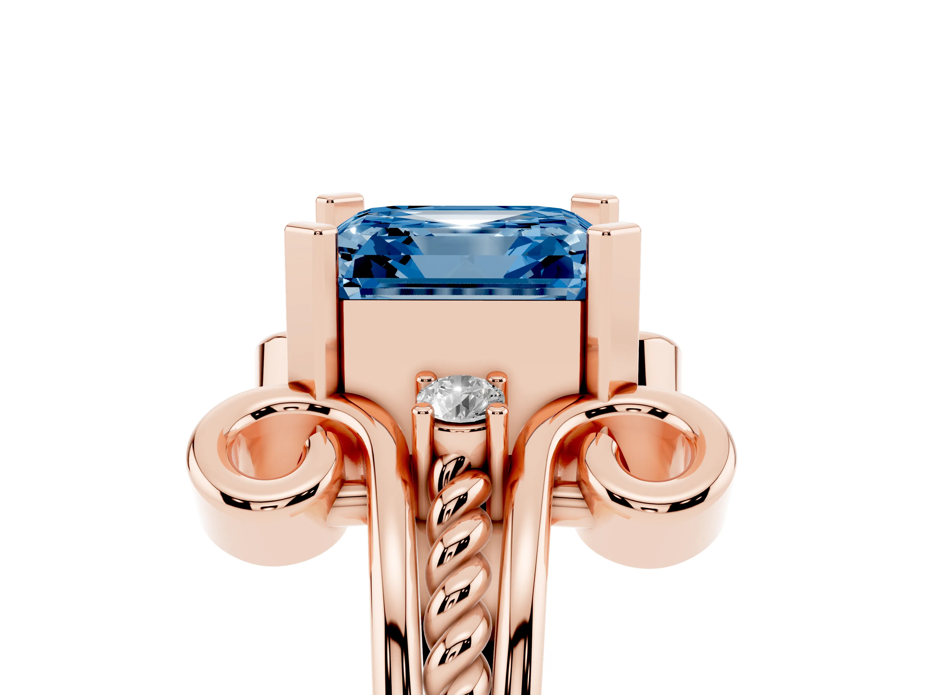 Fancy Blue Asscher Cut Diamond Twisted Band Solitaire Ring Set in Rose gold with Scroll Prongs