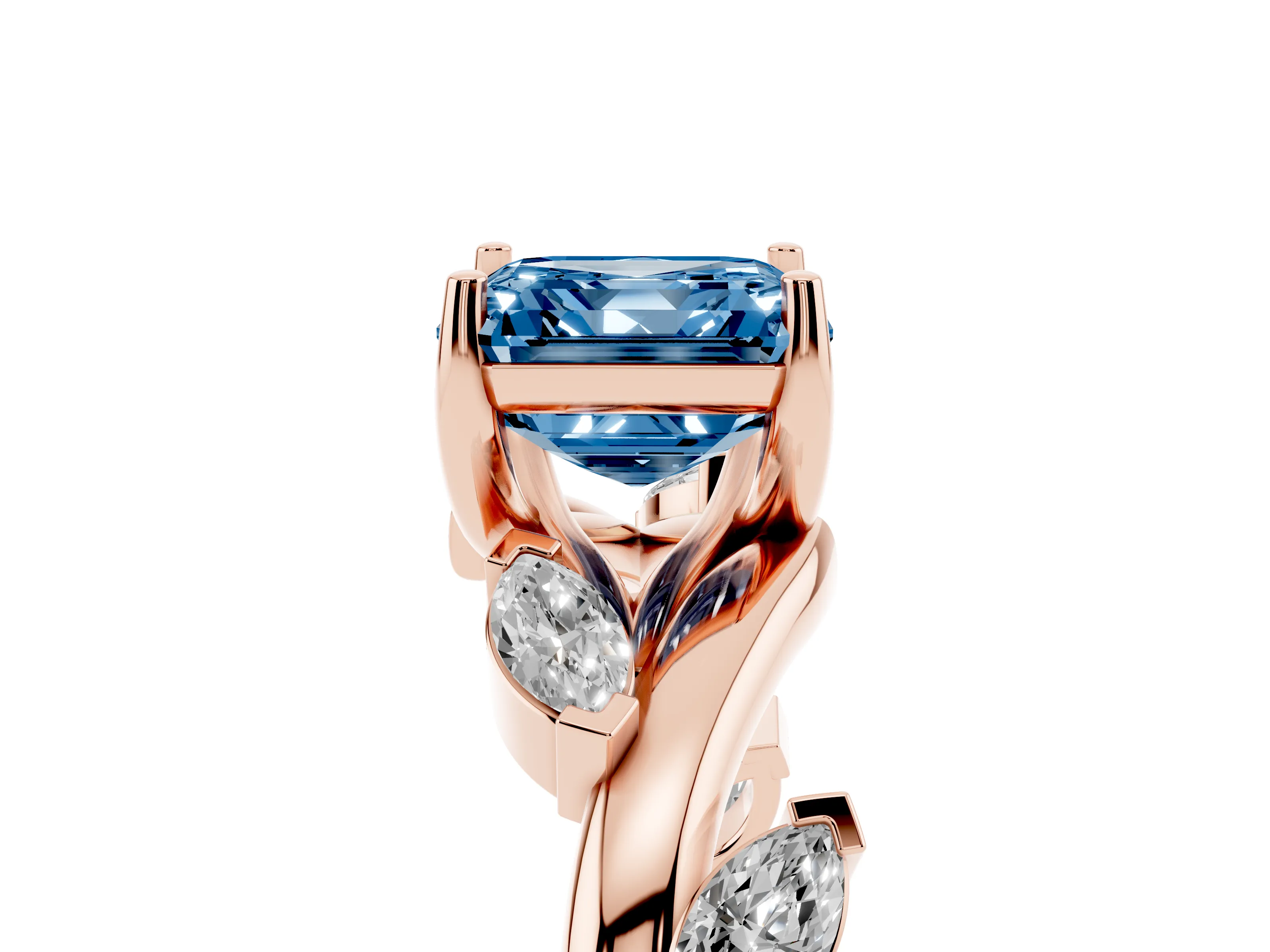 Fancy Blue Asscher Cut Diamond Solitaire Ring Set in Rose gold with Twisted Marquise Accent Band