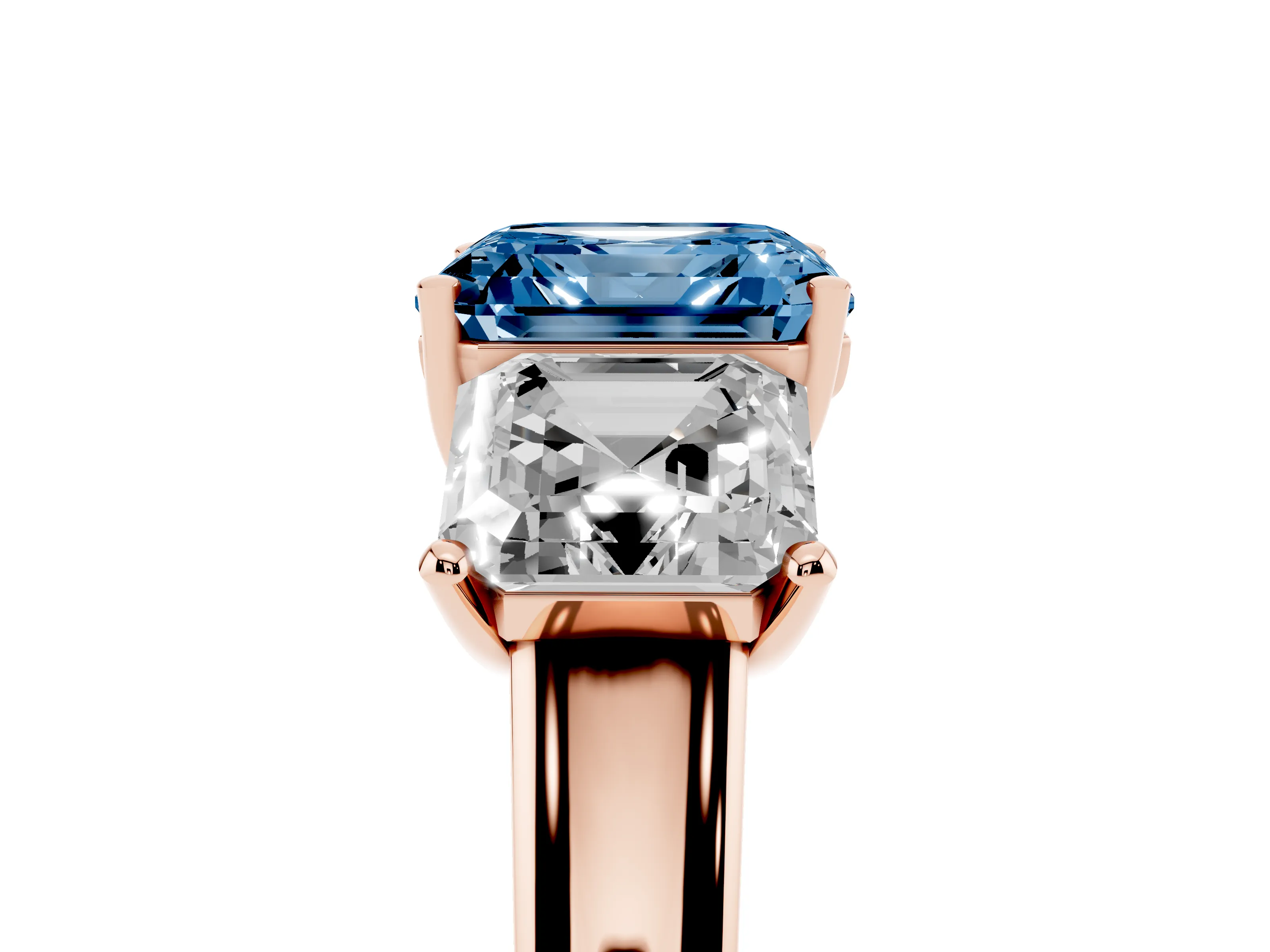 Fancy Blue Asscher Cut Diamond Three-Stone Ring Set in Rose gold with Classic Prong Setting and Plain Band