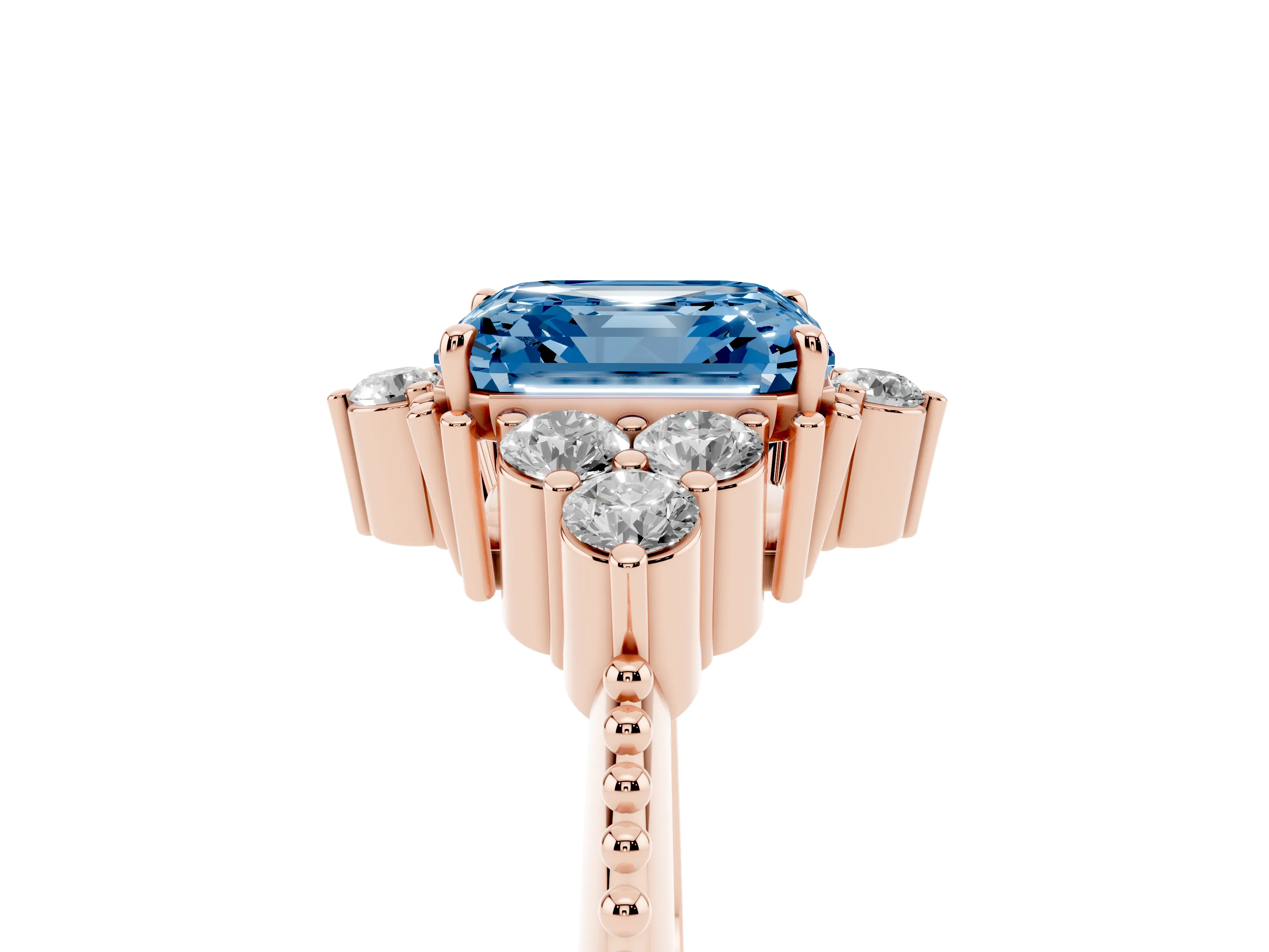 Fancy Blue Asscher Cut Diamond Cluster Ring Set in Rose gold with Beaded Band