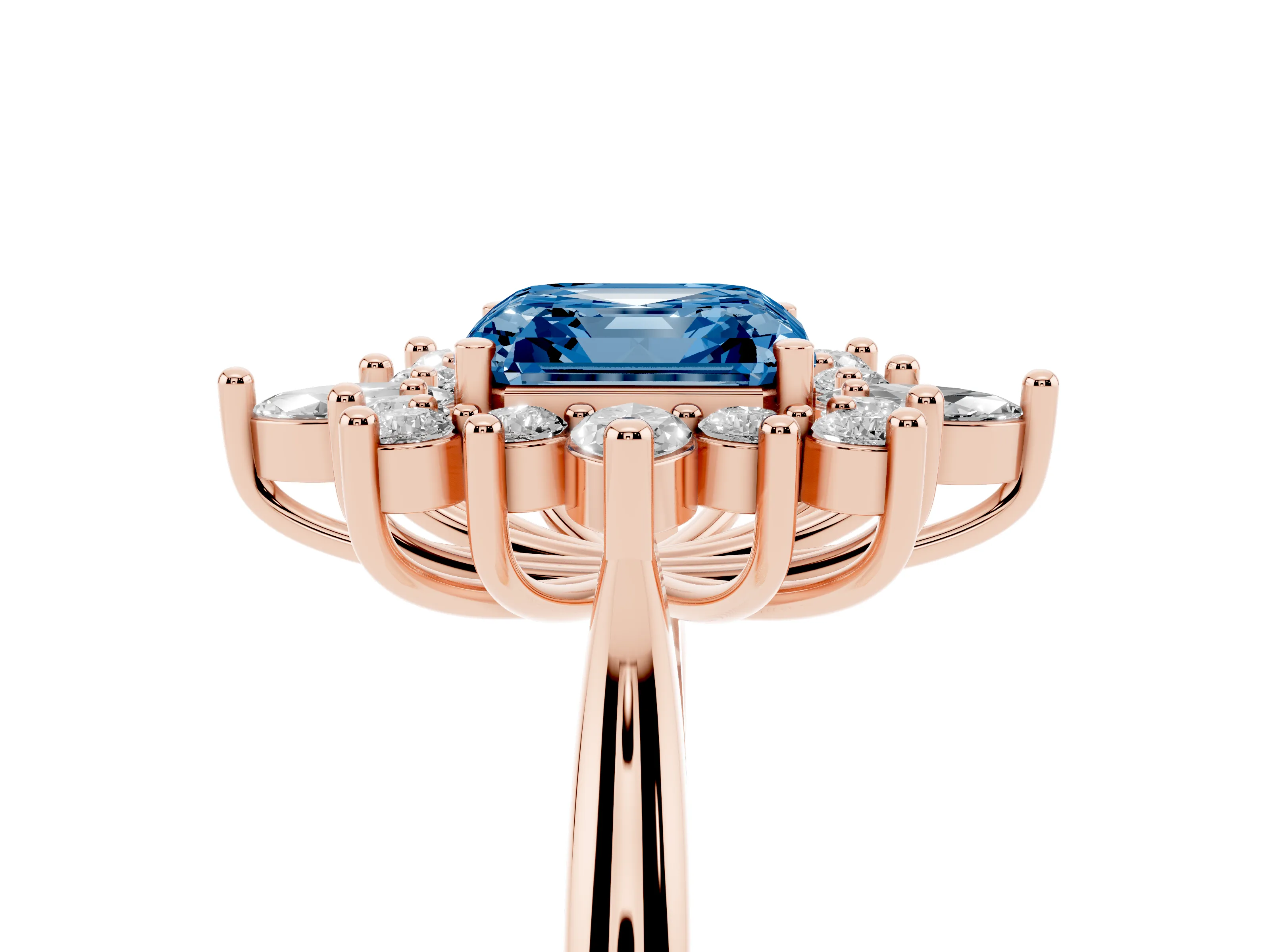 Fancy Blue Asscher Cut Diamond Cluster Halo Ring Set in Rose gold with Marquise and Round Accents