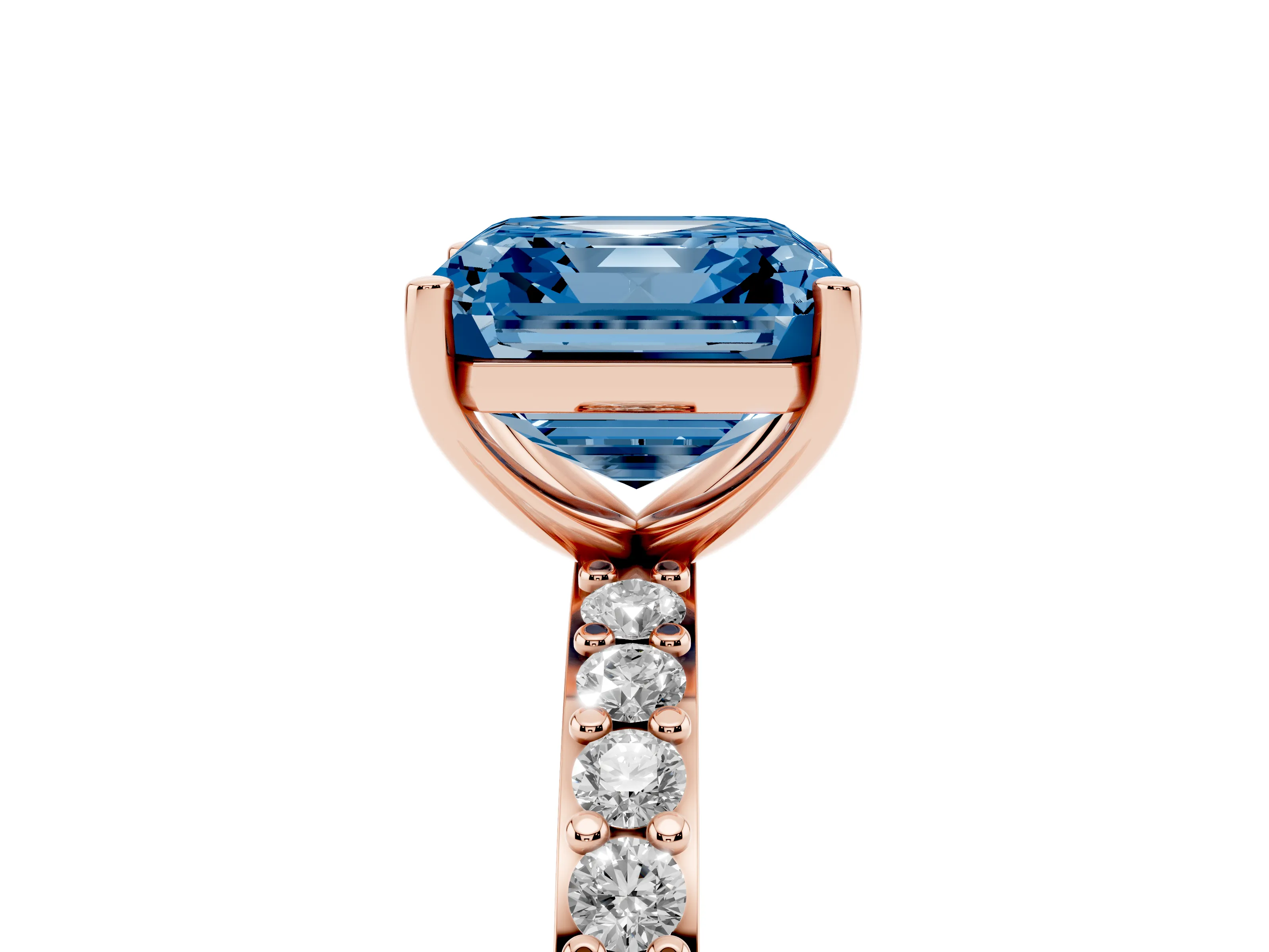 Fancy Blue Asscher Cut Diamond Solitaire Set in Rose gold with Round Pavé Band and Prong Setting