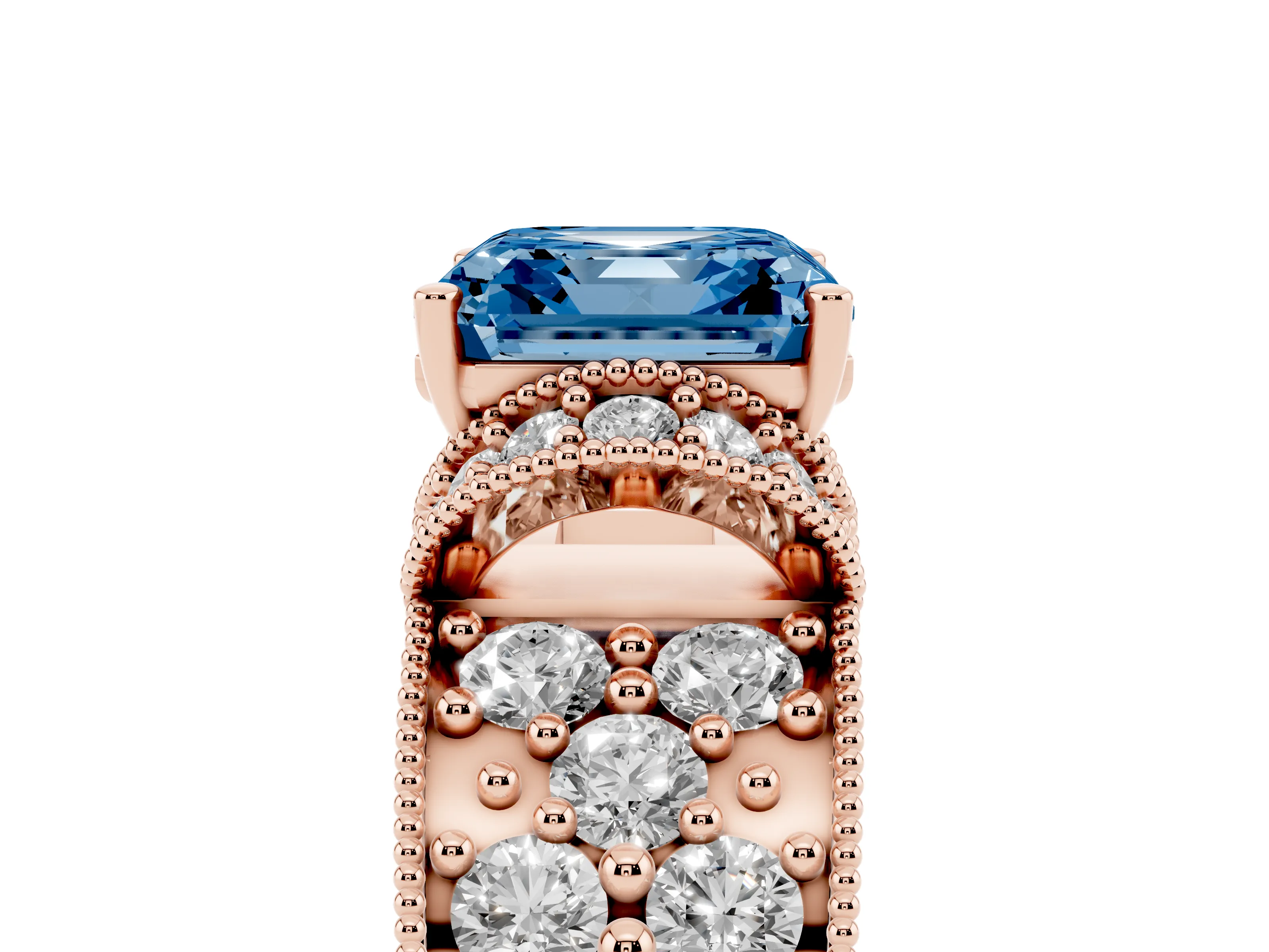 Fancy Blue Asscher Cut Diamond Milgrain Halo Pavé Engagement Ring Set in Rose gold with Prong Setting