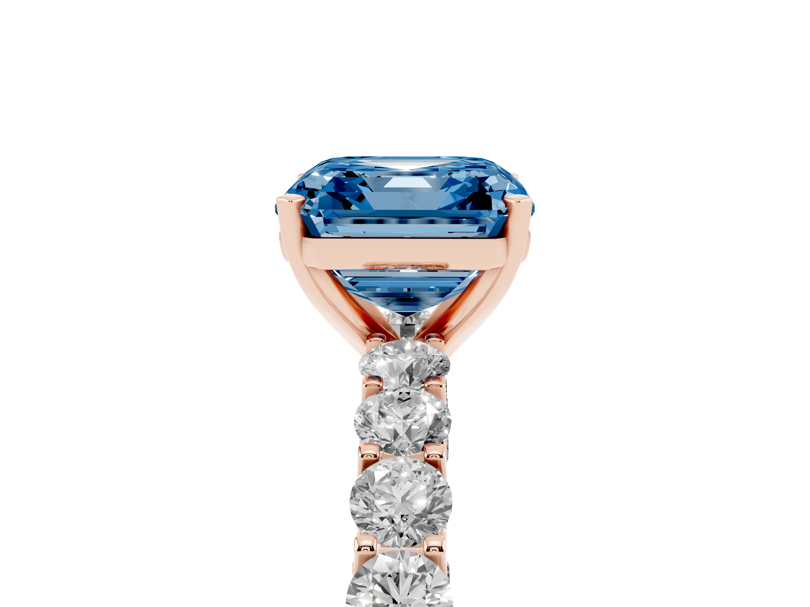 Fancy Blue Asscher Cut Diamond Solitaire Ring Set in Rose gold with Shared Prong Pavé Band