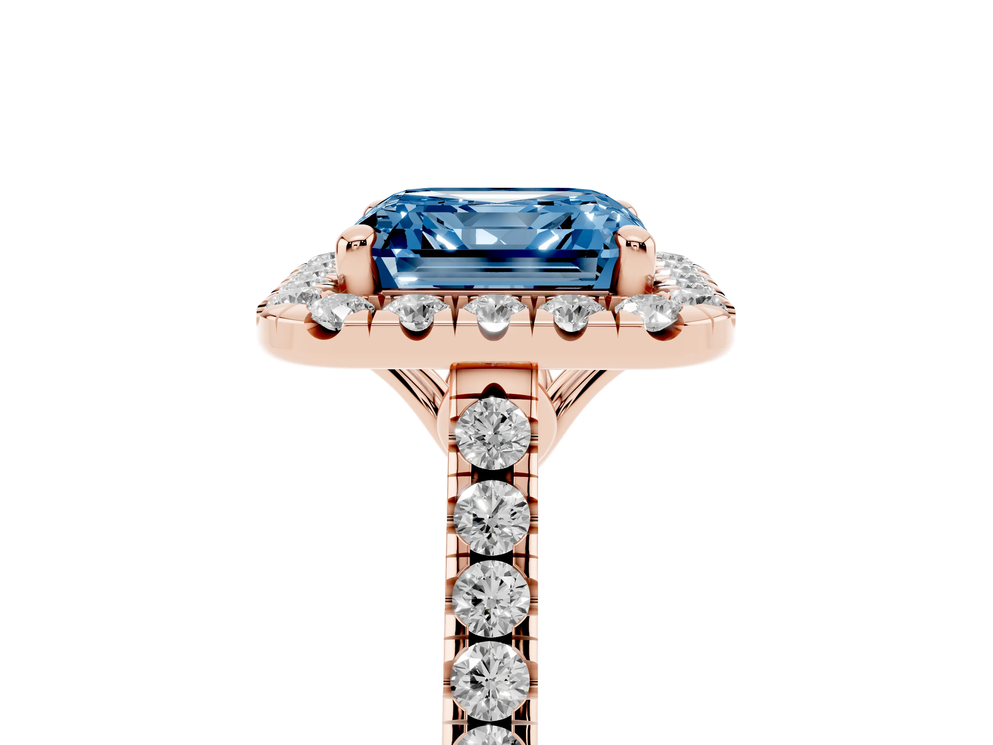 Fancy Blue Asscher Cut Diamond Pavé Halo Engagement Ring Set in Rose gold with Pavé Band and Prong Setting
