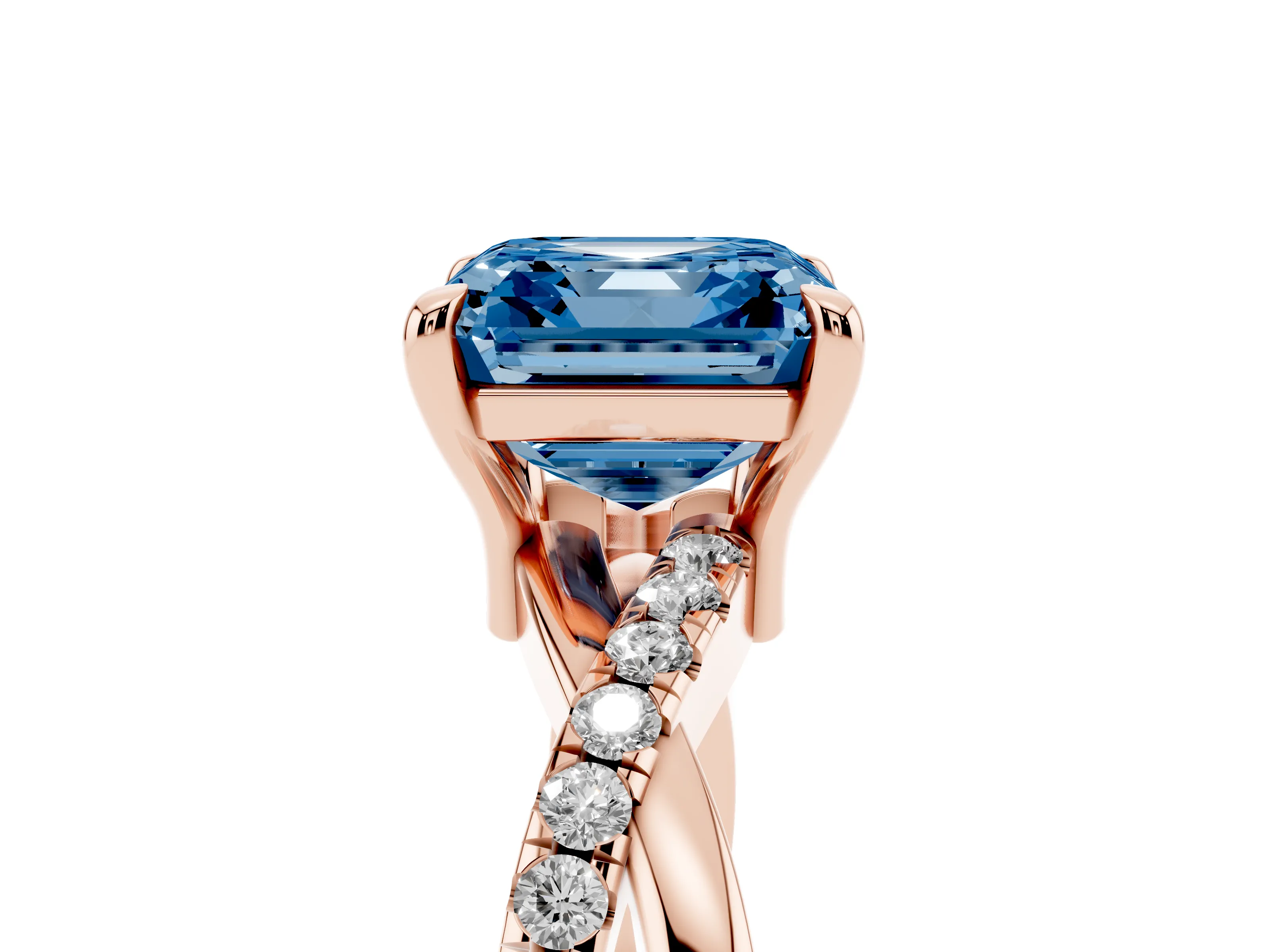 Fancy Blue Asscher Cut Diamond Twist Band Pavé Solitaire Ring Set in Rose gold with Prong Setting