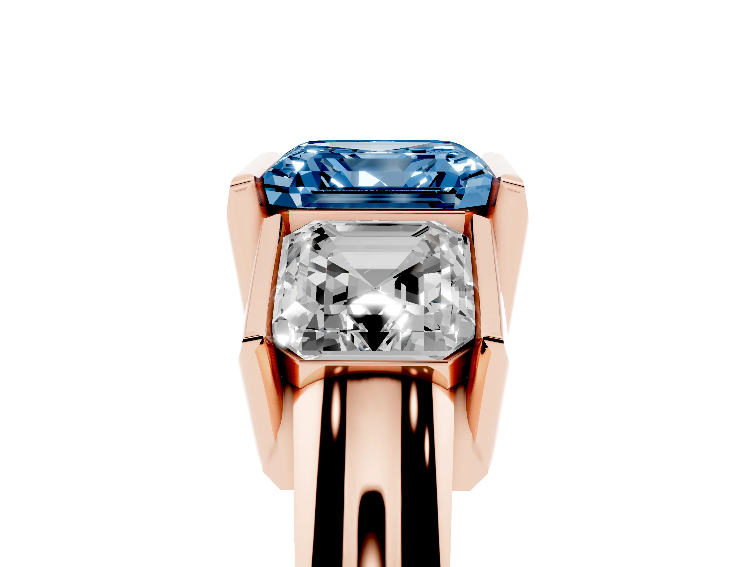 Fancy Blue Asscher Cut Diamond Three-Stone Channel Set Ring Set in Rose gold with Smooth Polished Band