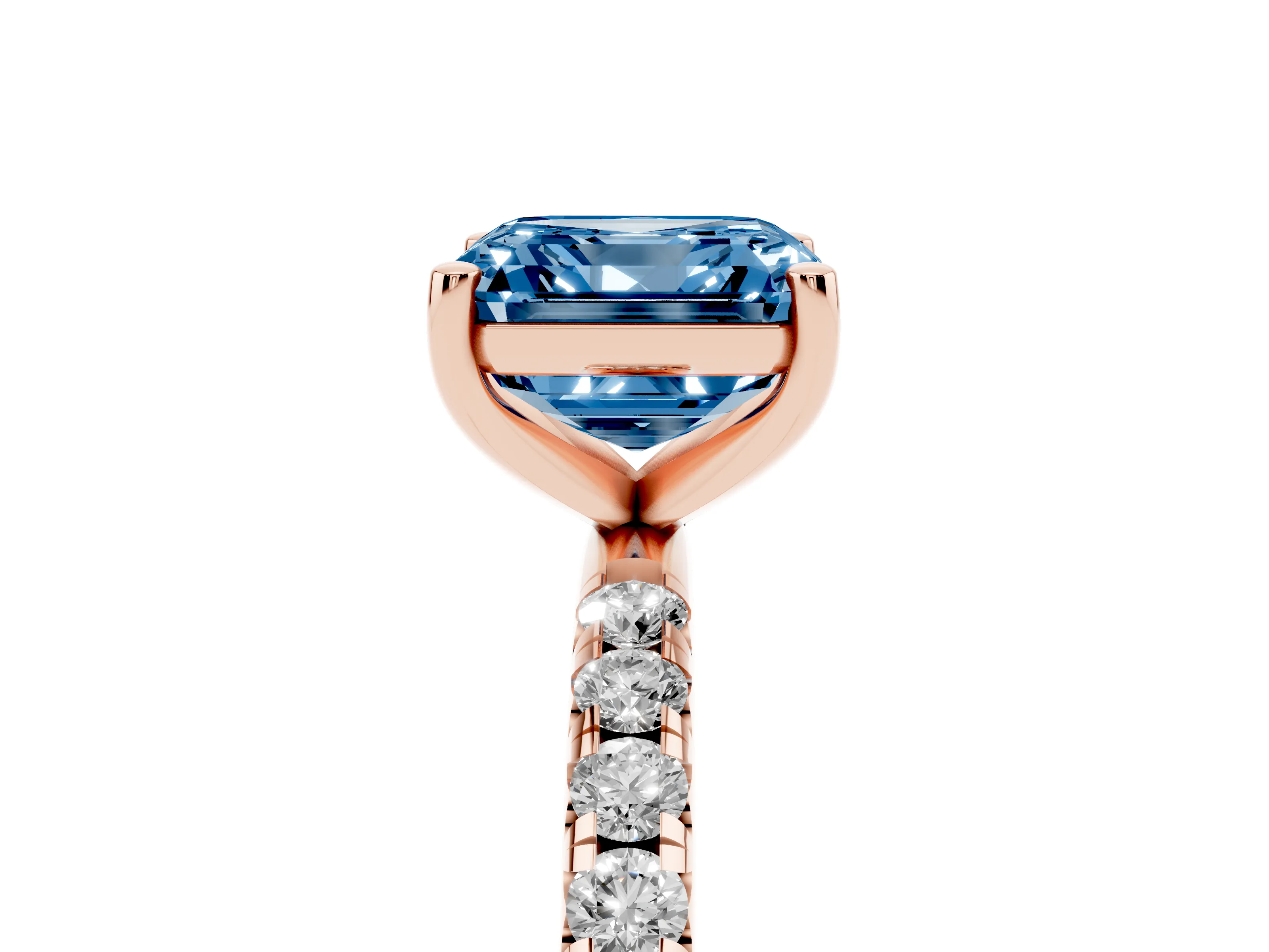Fancy Blue Asscher Cut Diamond Solitaire Ring Set in Rose gold with Micro Pavé Band and Prong Setting