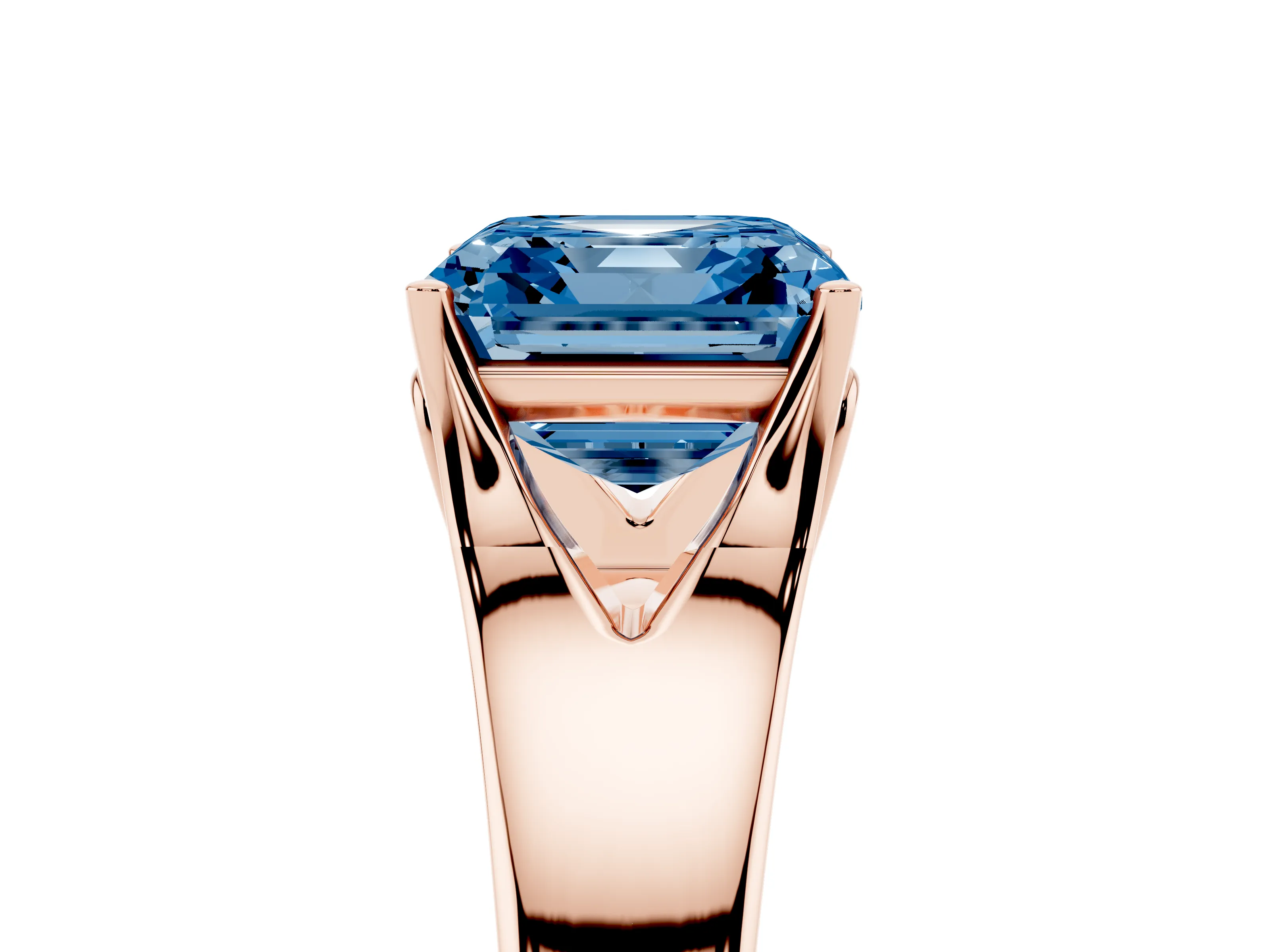 Fancy Blue Asscher Cut Diamond Solitaire Ring Set in Rose gold with Arched Cathedral Band and Prong Setting
