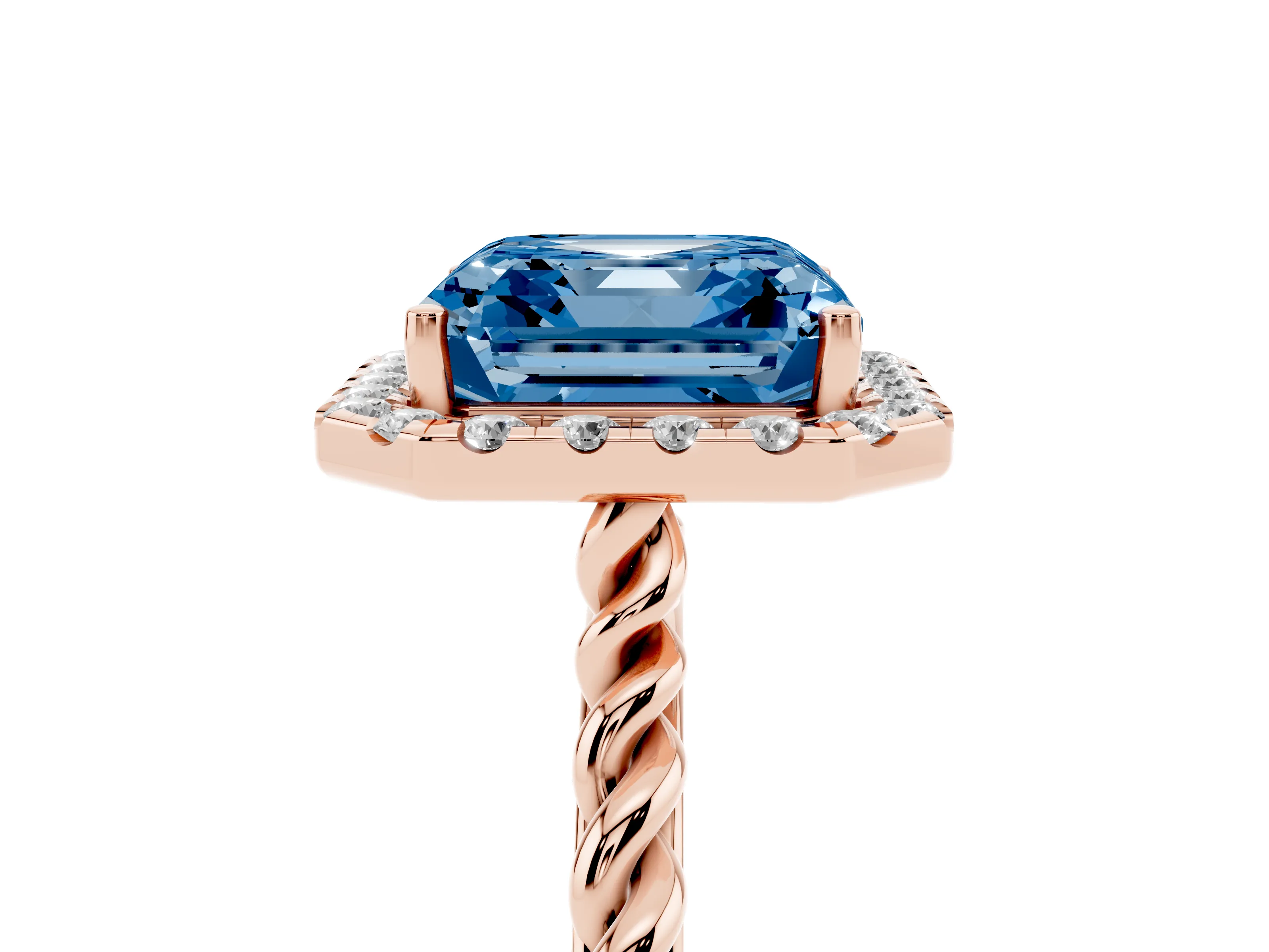 Fancy Blue Asscher Cut Diamond Halo Ring Set in Rose gold with Plain Twisted Band