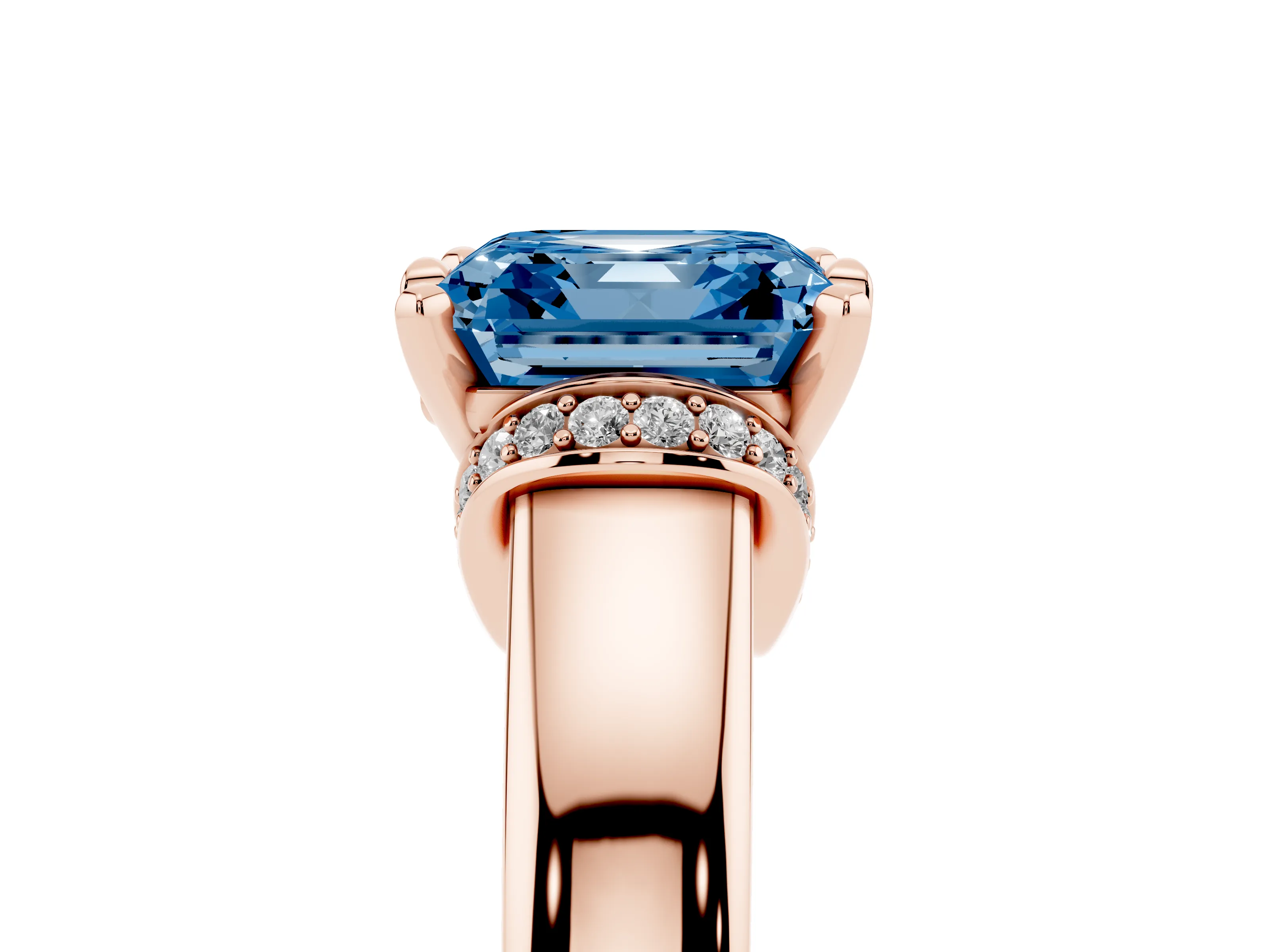 Fancy Blue Asscher Cut Diamond Pavé Band Solitaire Ring Set in Rose gold with Prong Setting