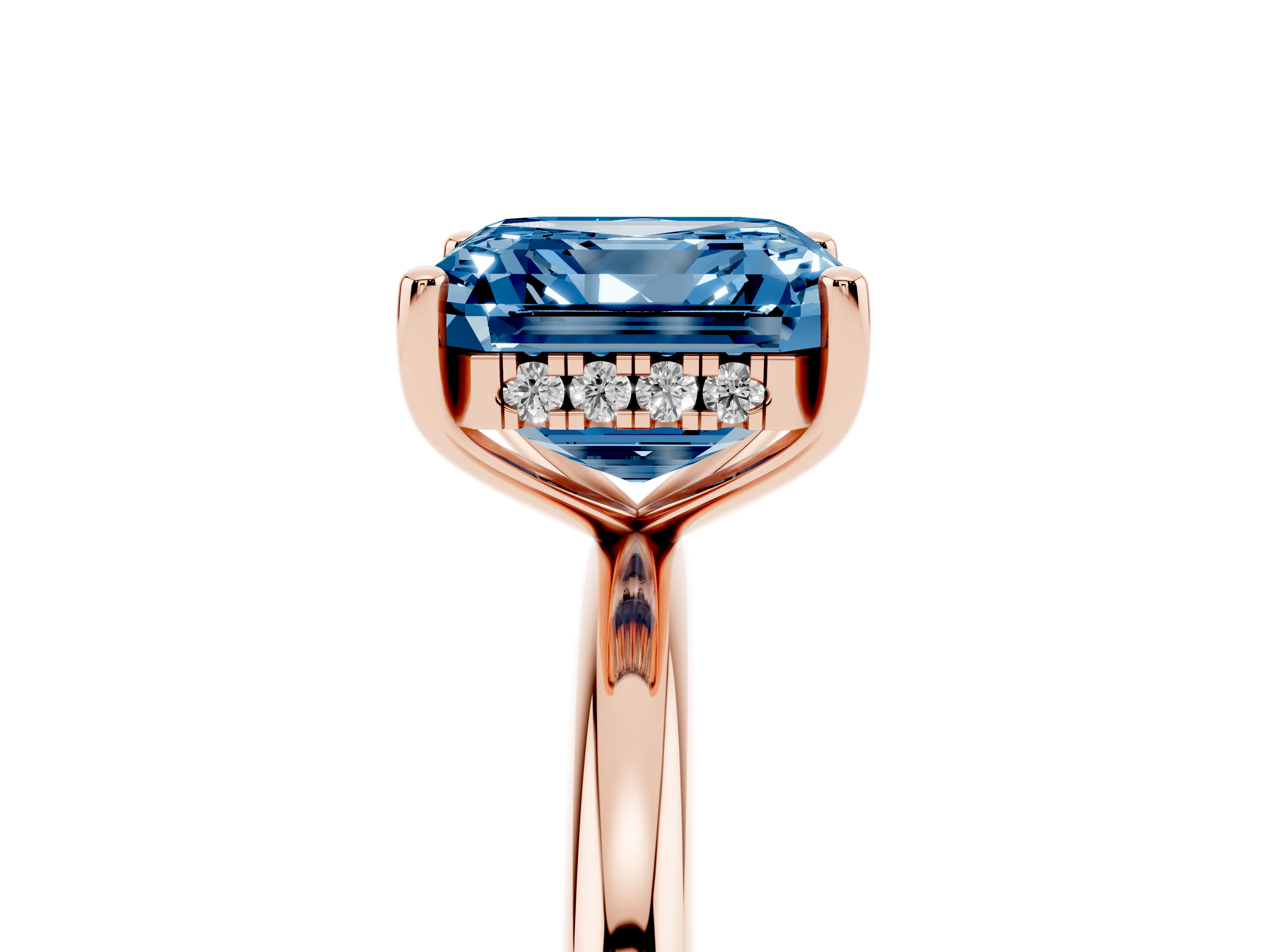 Fancy Blue Asscher Cut Diamond Solitaire Engagement Ring Set in Rose gold with Prong Setting and Polished Band
