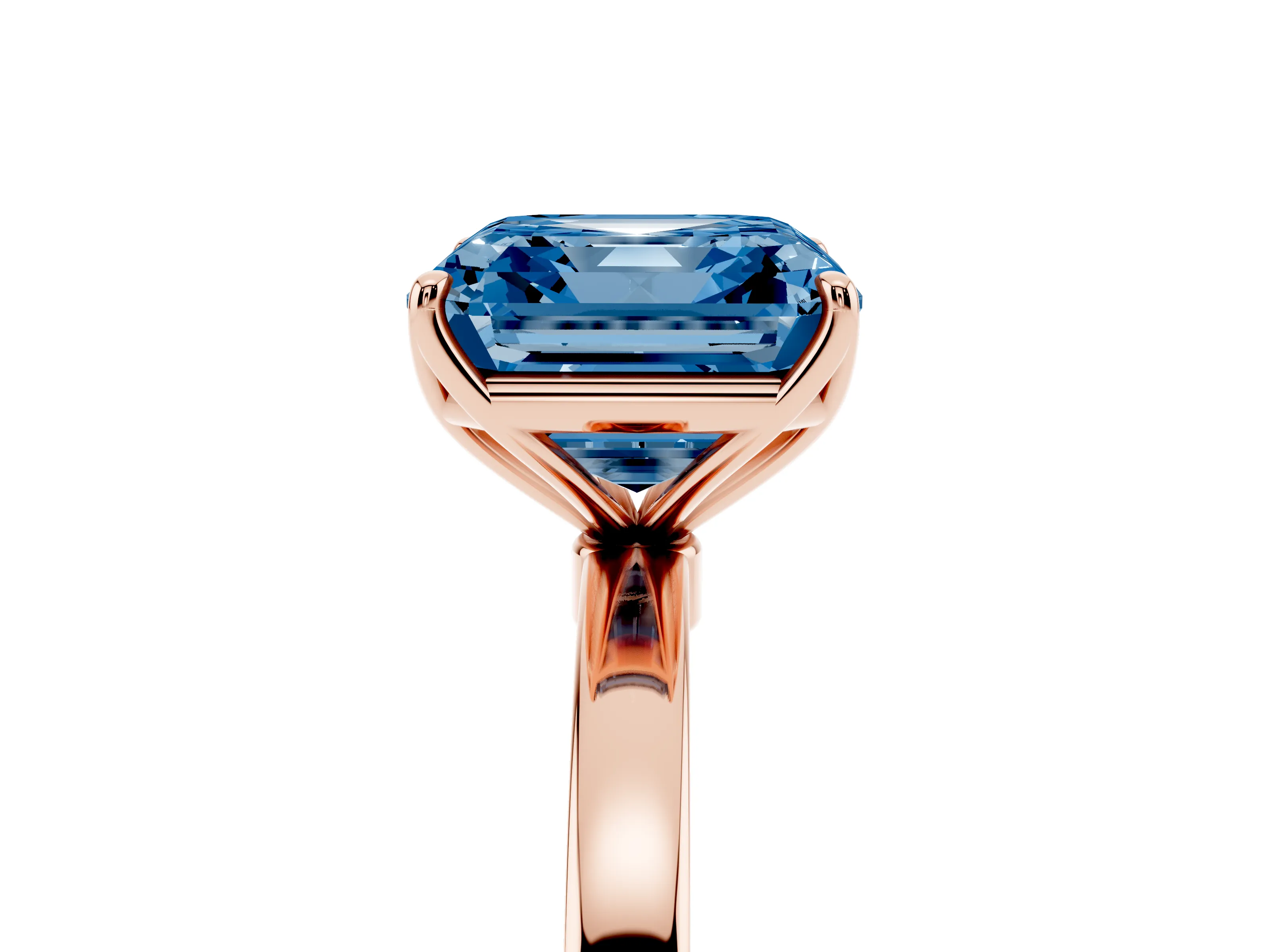 Fancy Blue Asscher Cut Diamond Solitaire Ring Set in Rose gold with Prong Setting and Thin Polished Band