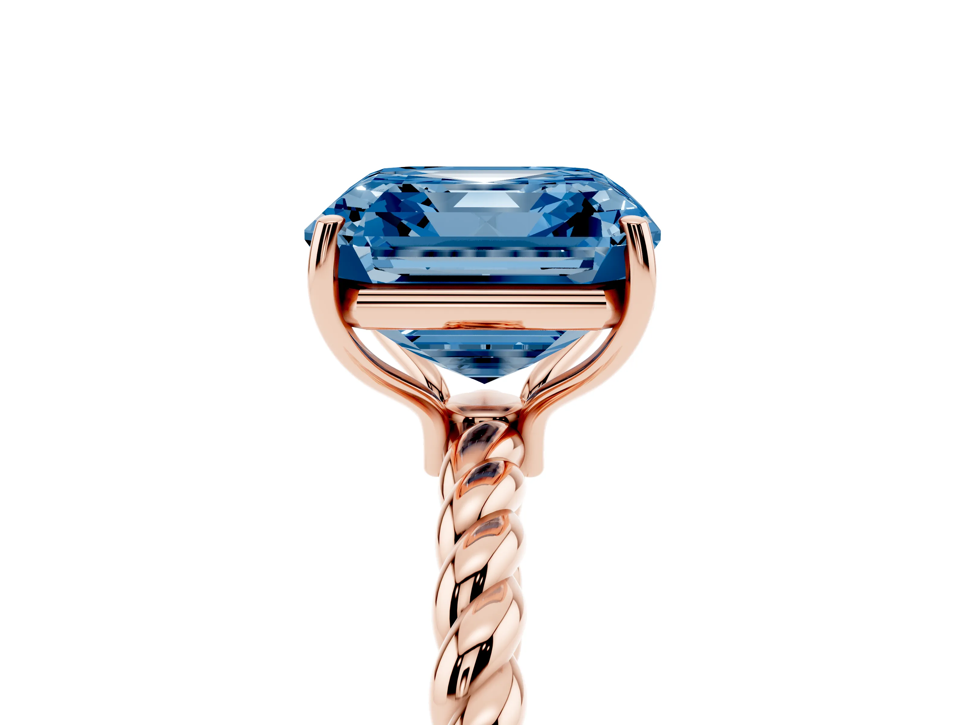 Fancy Blue Asscher Cut Diamond Solitaire Ring Set in Rose gold with Twist Band and Prong Setting