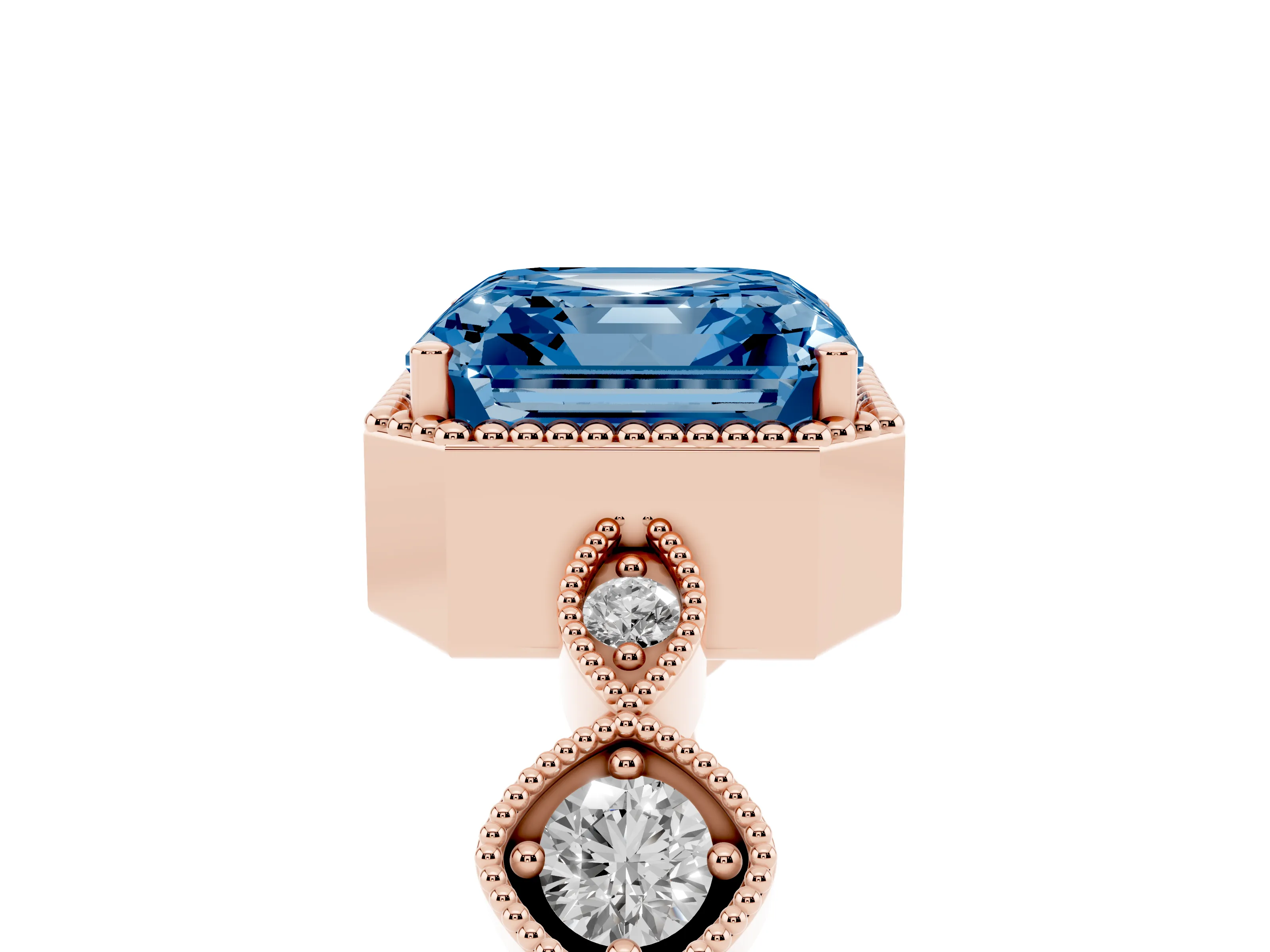 Fancy Blue Asscher Cut Diamond Vintage-Inspired Milgrain Ring Set in Rose gold with Marquise Stations of Round Accents