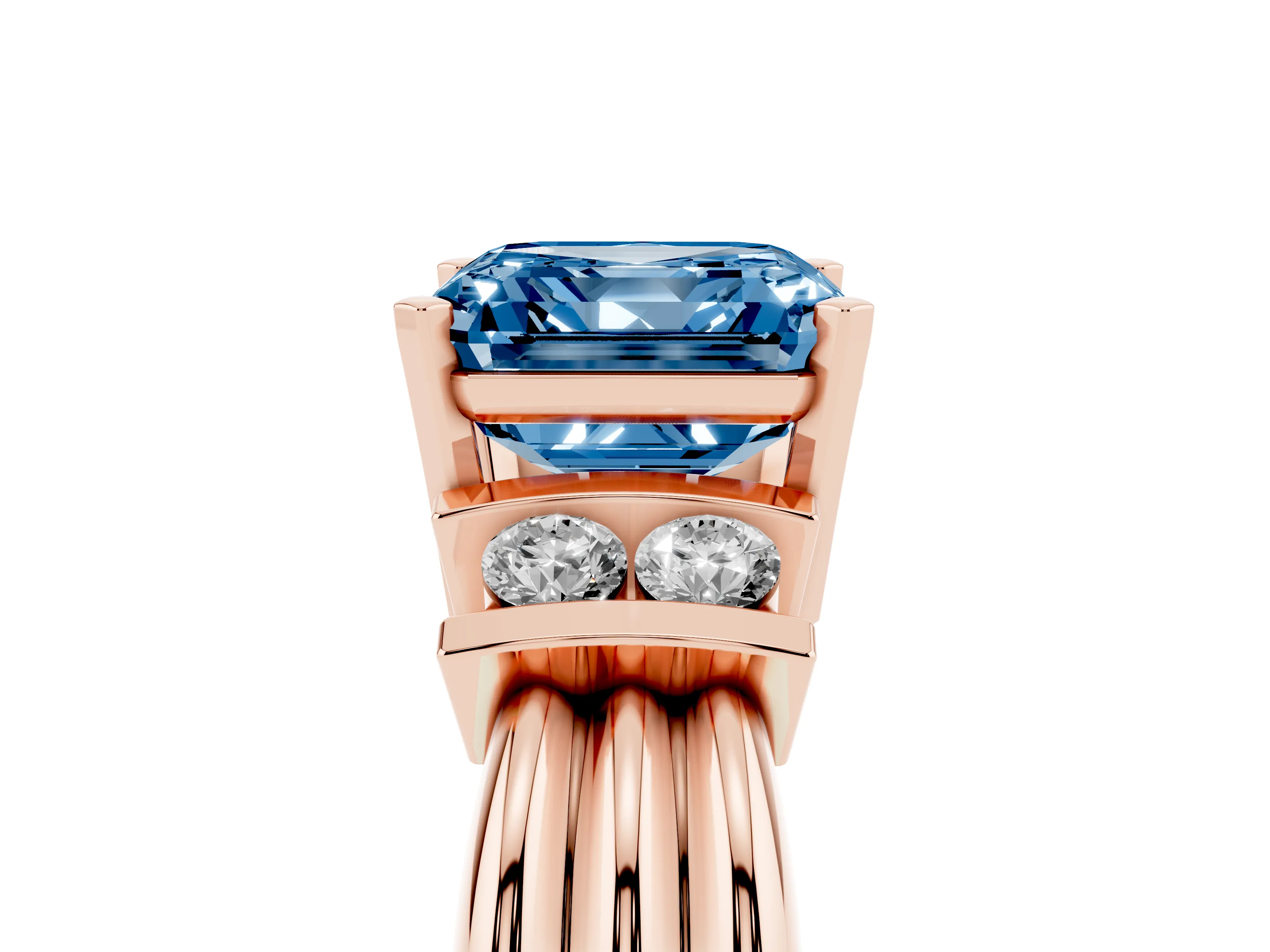 Fancy Blue Three-Stone Asscher Cut Diamond Channel Set Ring Set in Rose gold with Bar Prongs