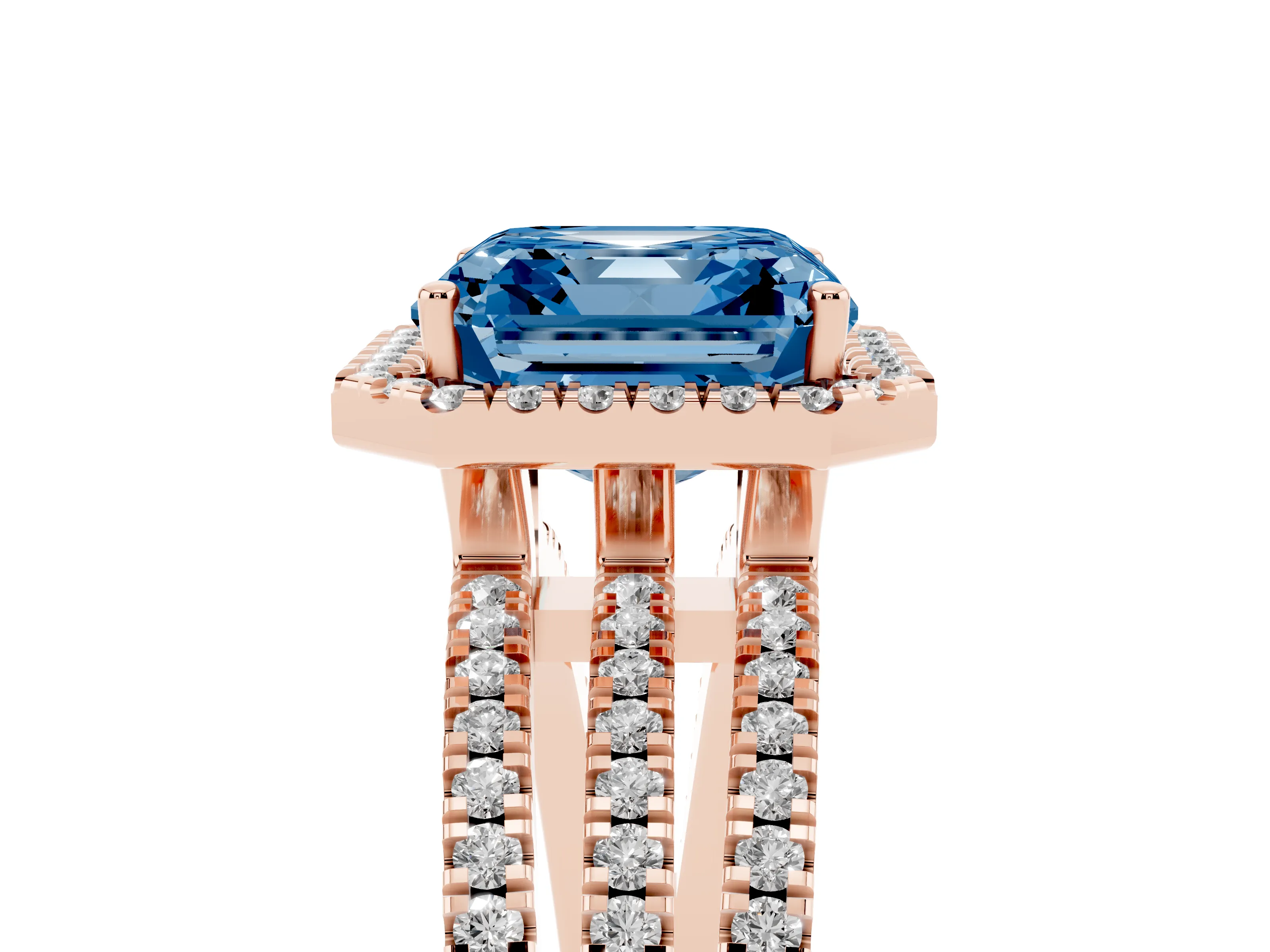 Fancy Blue Asscher Cut Diamond Halo Split Shank Engagement Ring Set in Rose gold with Prong Setting