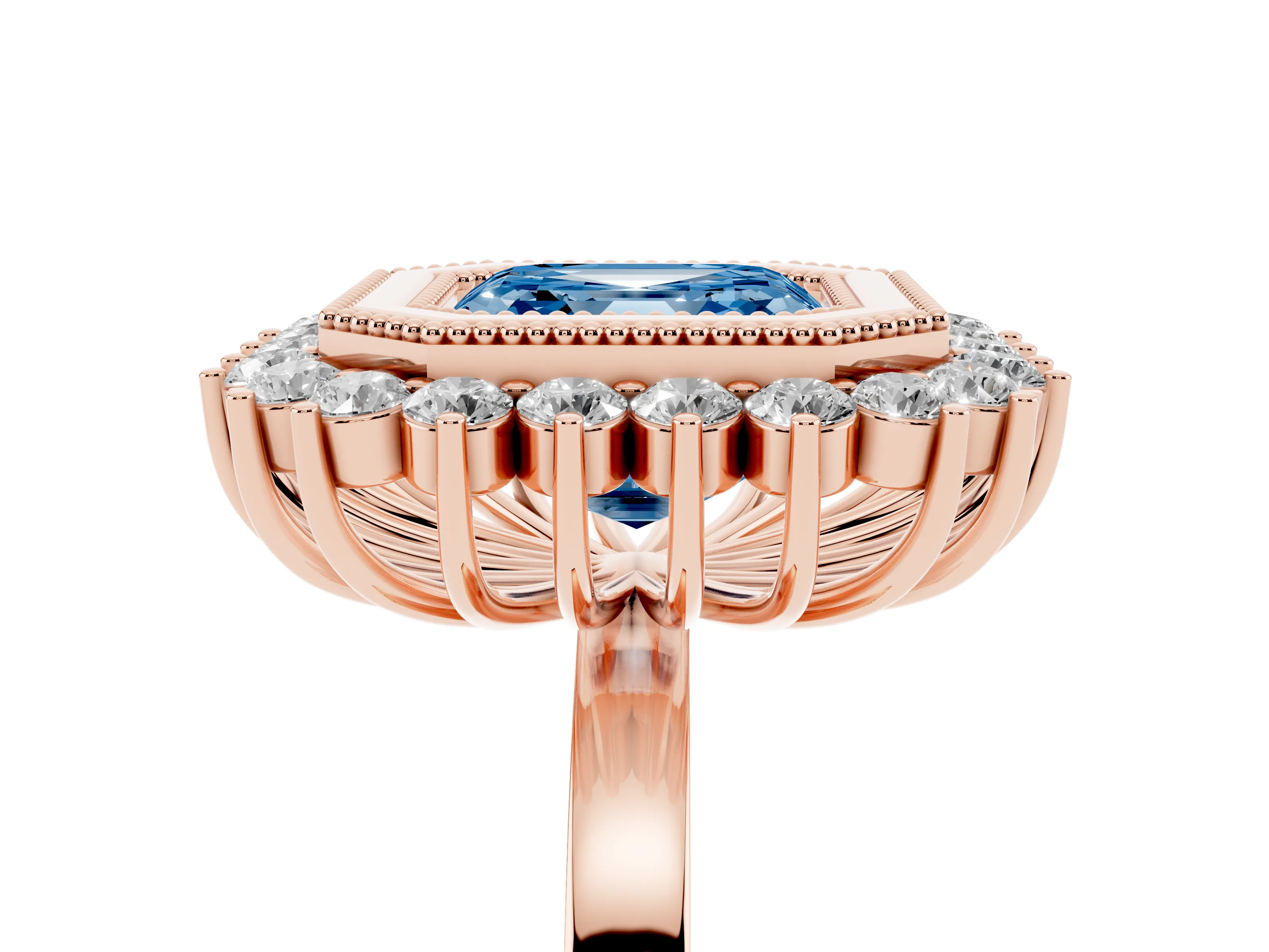 Fancy Blue Asscher Cut Diamond Halo Ring Set in Rose gold with Milgrain Edge and Round Prong Setting