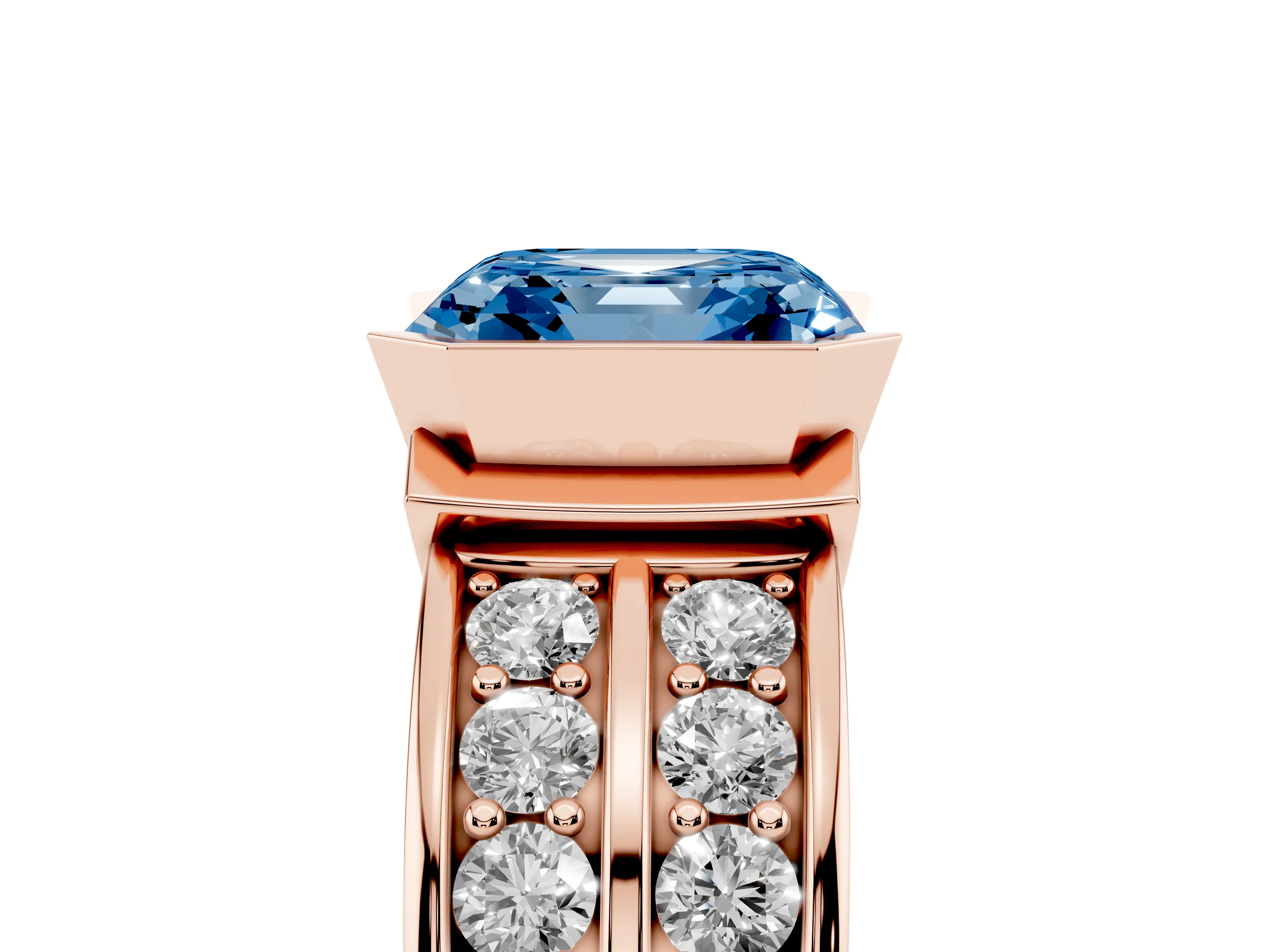 Fancy Blue Asscher Cut Diamond Wide Channel Set Band Ring Set in Rose gold with Bezel Setting