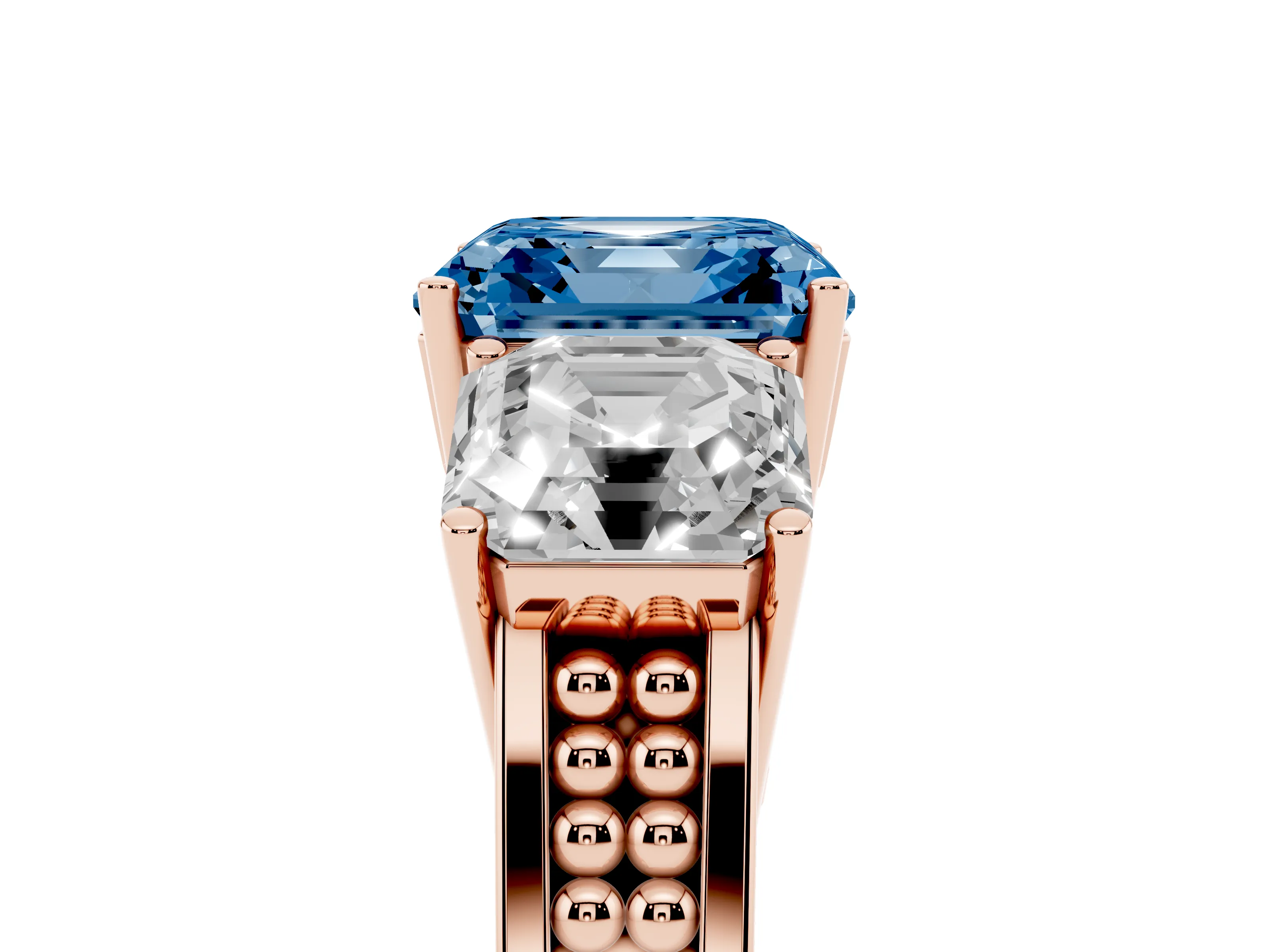 Fancy Blue Asscher Cut Diamond Three-Stone Ring Set in Rose gold with Textured Band