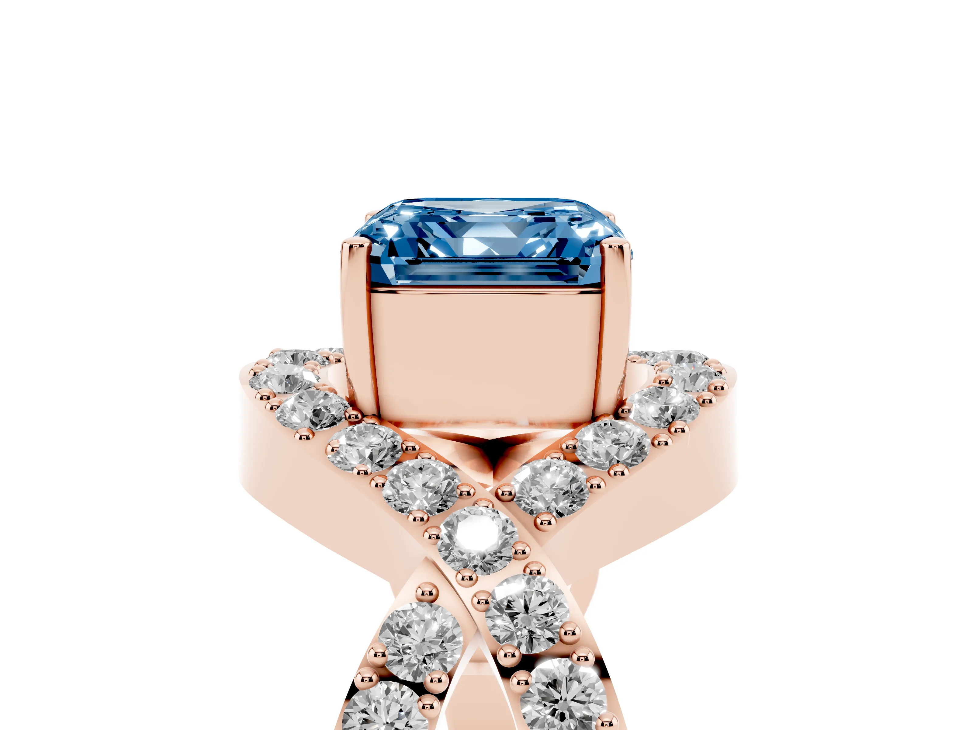 Fancy Blue Asscher Cut Diamond Solitaire Twist Band Pavé Engagement Ring Set in Rose gold