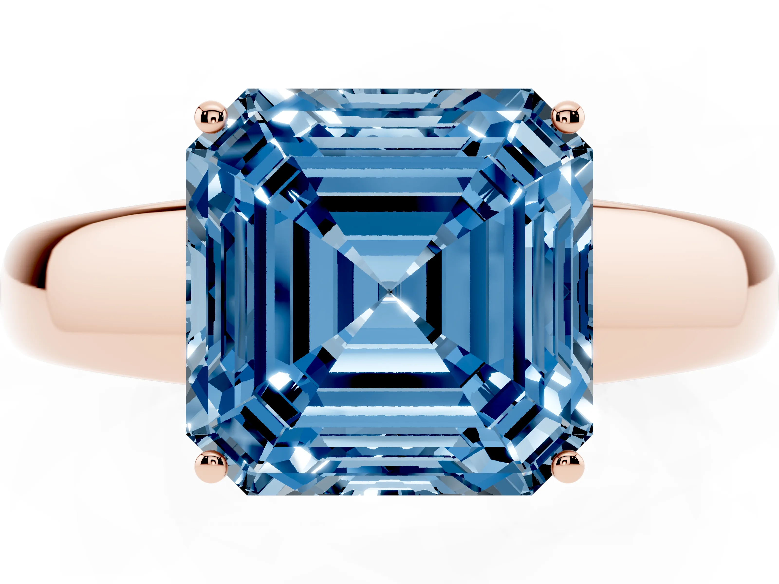 Fancy Blue Asscher Cut Diamond Solitaire Ring Set in Rose gold with Tapered Band and Prong Setting
