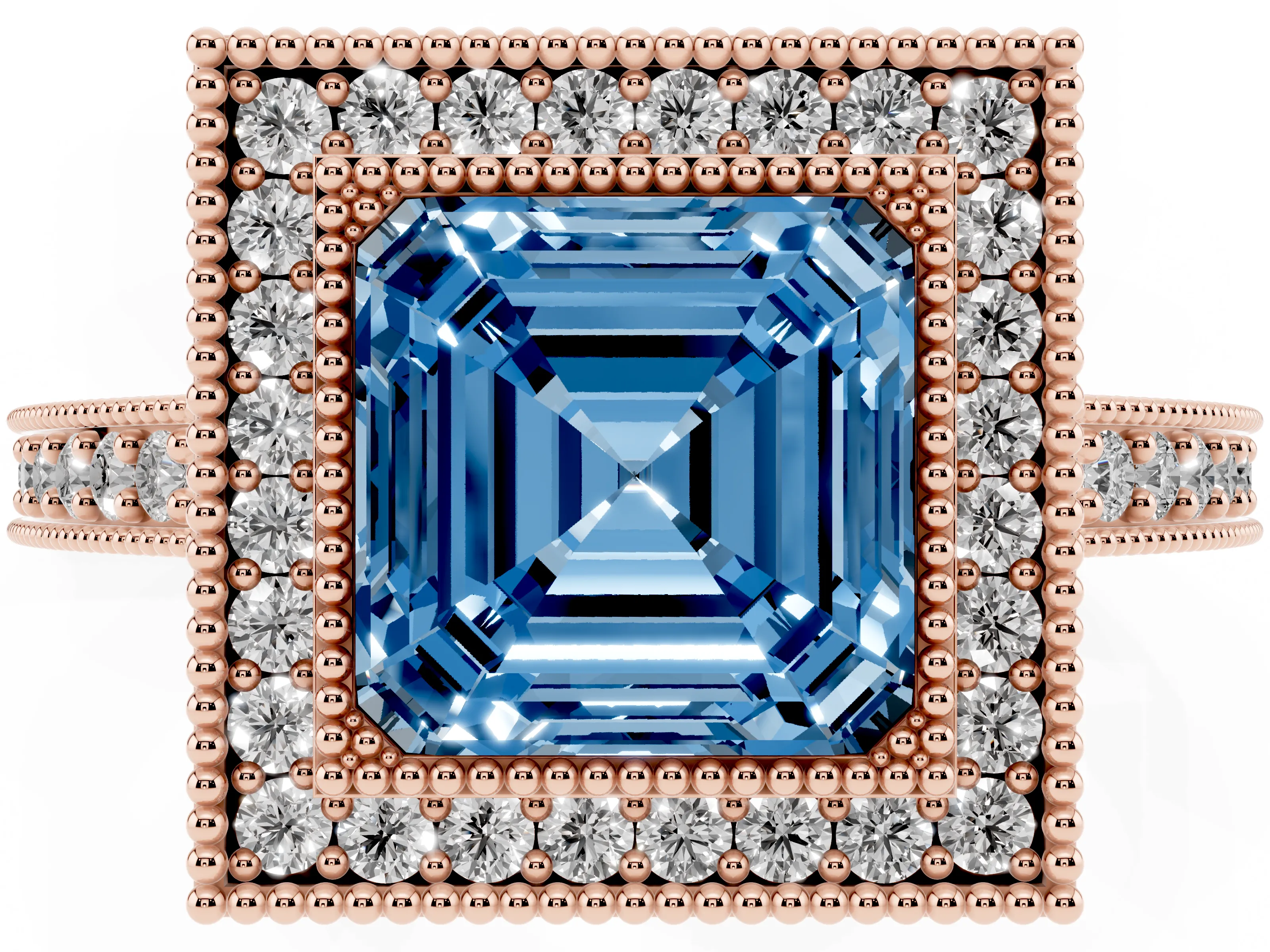 Fancy Blue Asscher Cut Diamond Halo Engagement Ring Set in Rose gold with Pavé Band and Round Halo Stones