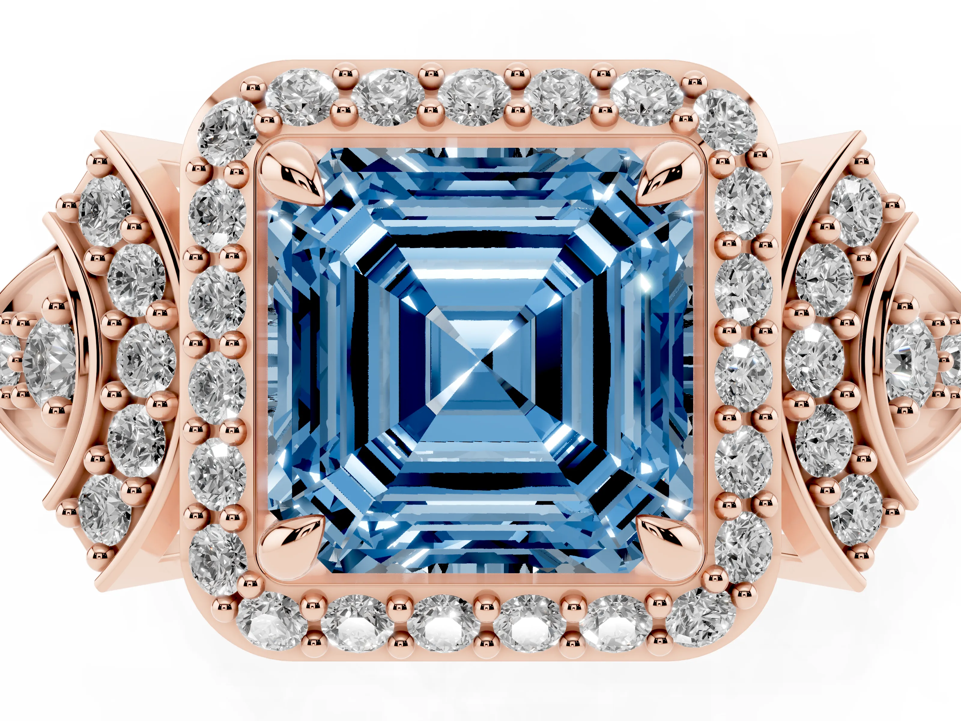 Fancy Blue Asscher Cut Diamond Halo Engagement Ring Set in Rose gold with Accent Stone Split Shank