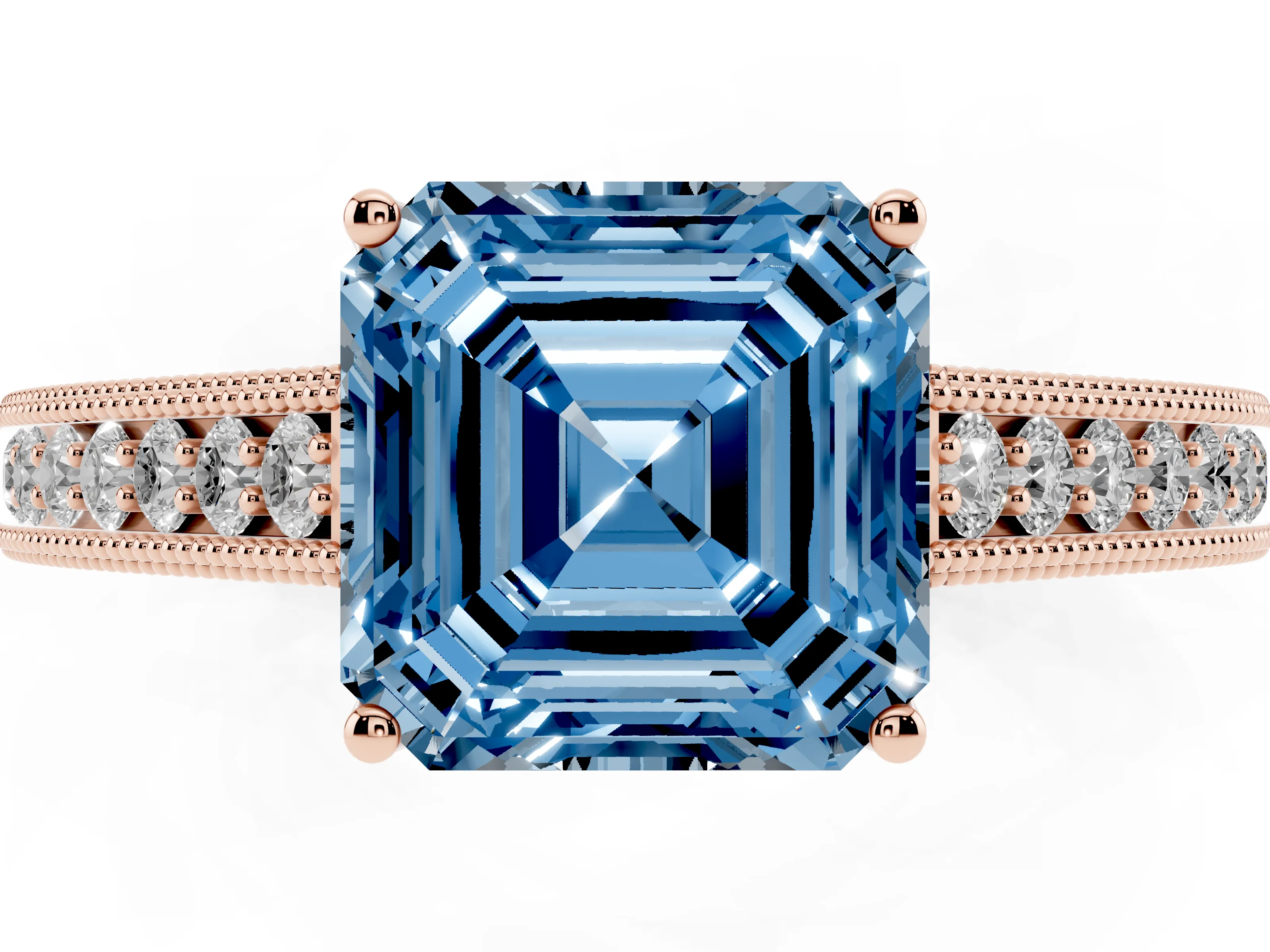 Fancy Blue Asscher Cut Diamond Milgrain Pavé Band Solitaire Ring Set in Rose gold with Prong Setting