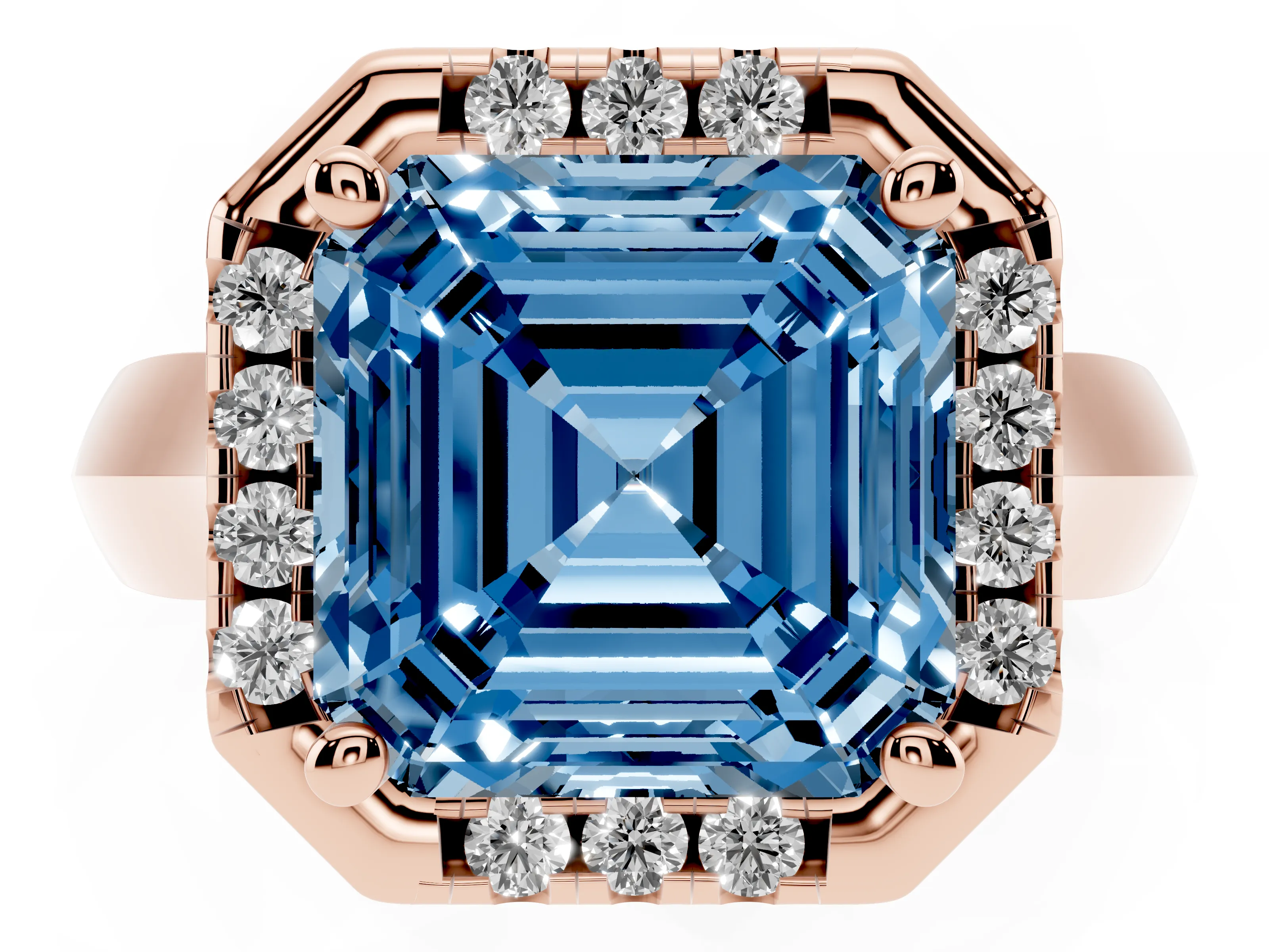 Fancy Blue Asscher Cut Diamond Halo Solitaire Engagement Ring Set in Rose gold with Square Band and Prong Setting