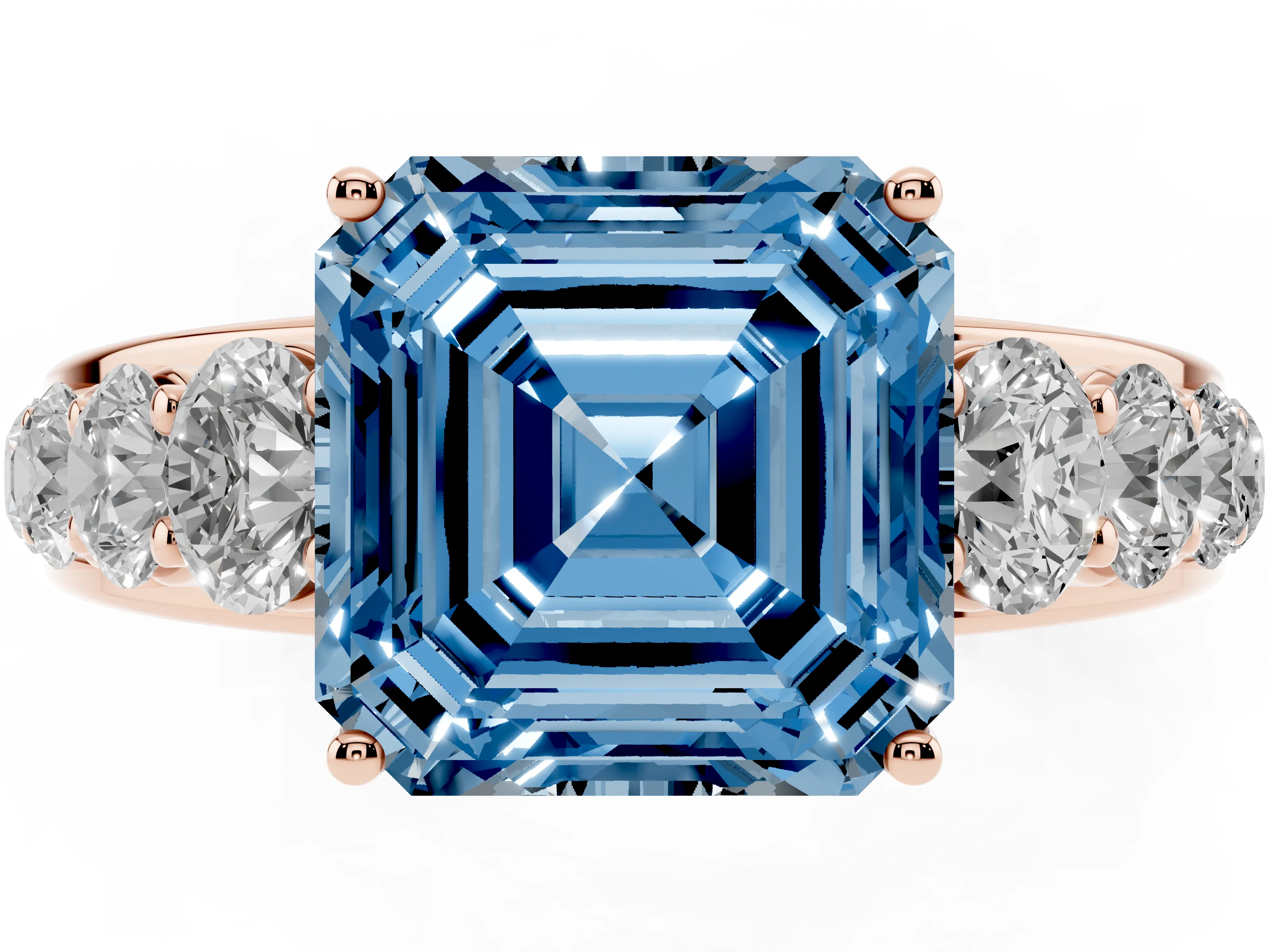 Fancy Blue Asscher Cut Diamond Solitaire Ring Set in Rose gold with Pavé-Set Band and Prong Setting