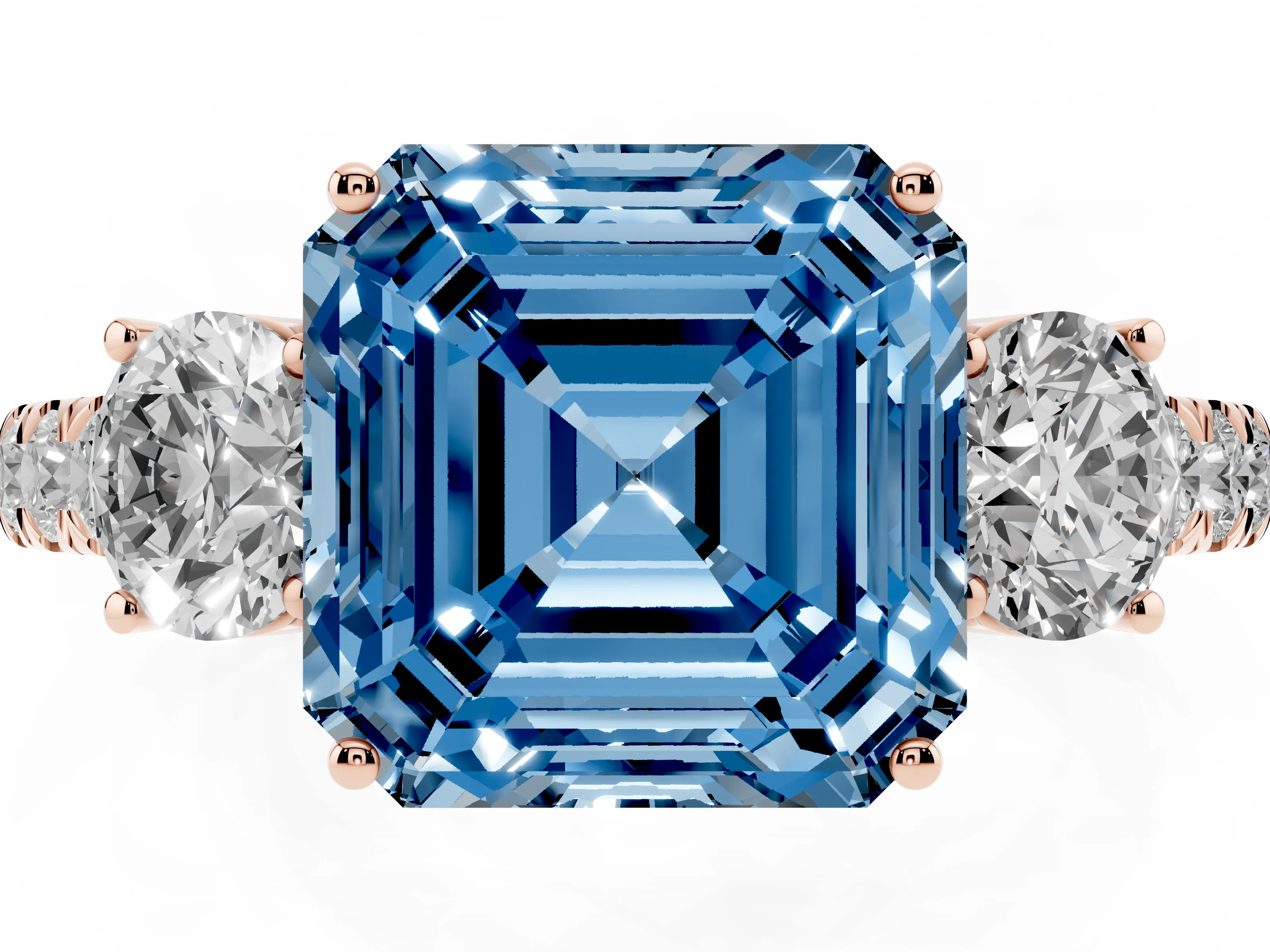 Fancy Blue Asscher Cut Diamond Three-Stone Ring Set in Rose gold with Round Side Stones and Delicate Pavé Band