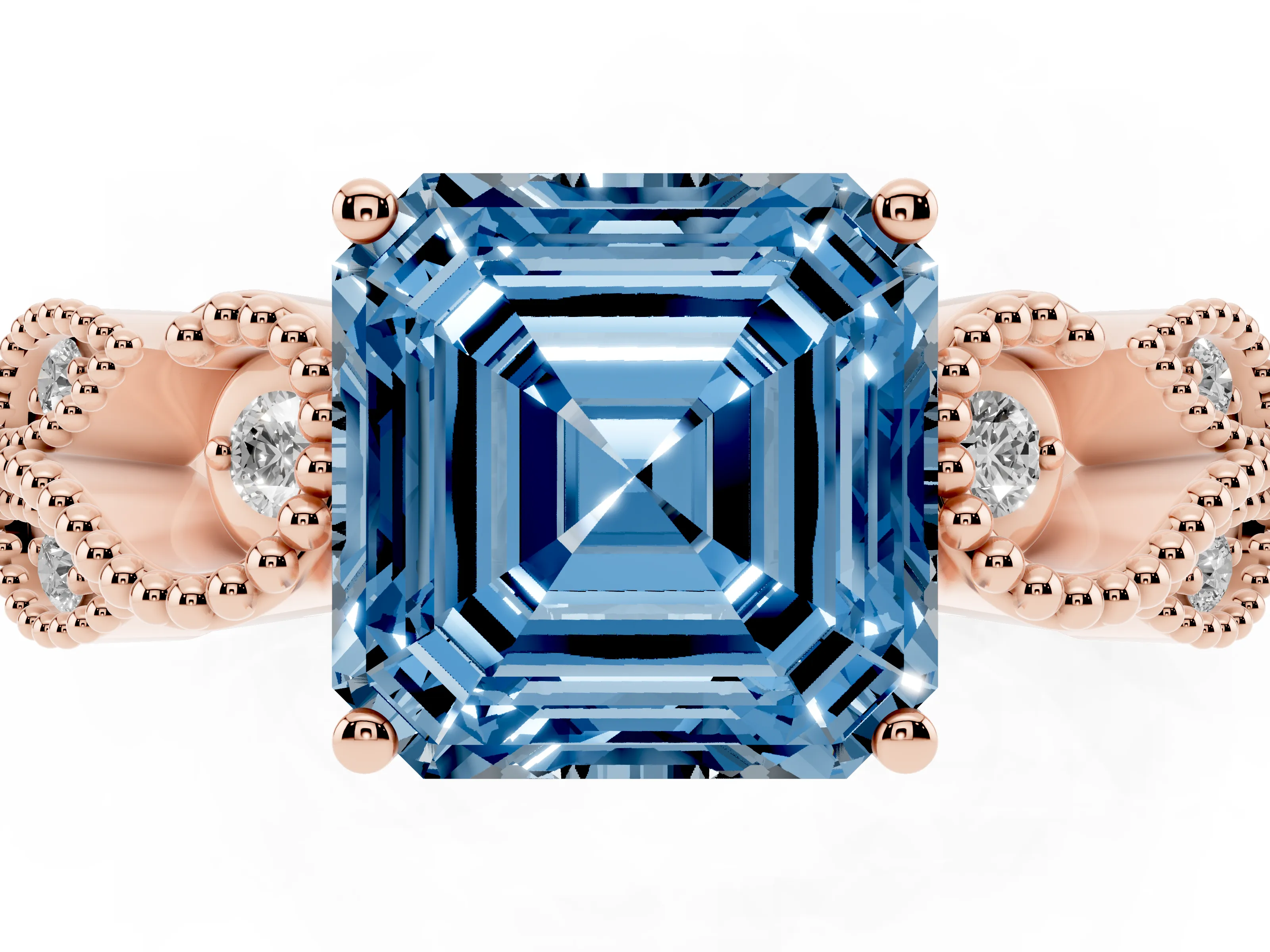 Fancy Blue Asscher Cut Diamond Milgrain Leaf Band Solitaire Ring Set in Rose gold with Accent Stones and Prong Setting