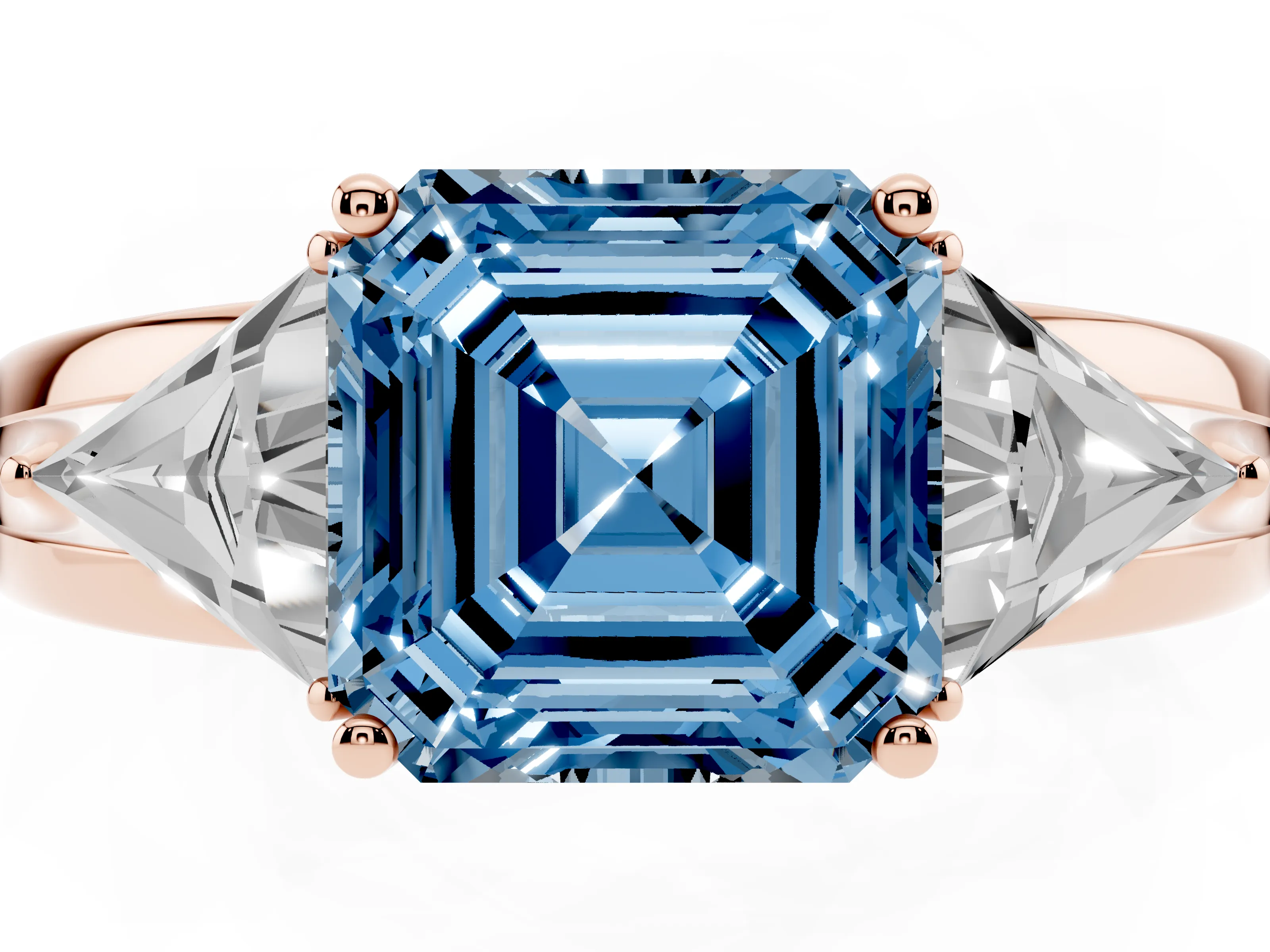 Fancy Blue Asscher Cut Diamond Three-Stone Ring Set in Rose gold with Trillion Side Stones and Split Shank