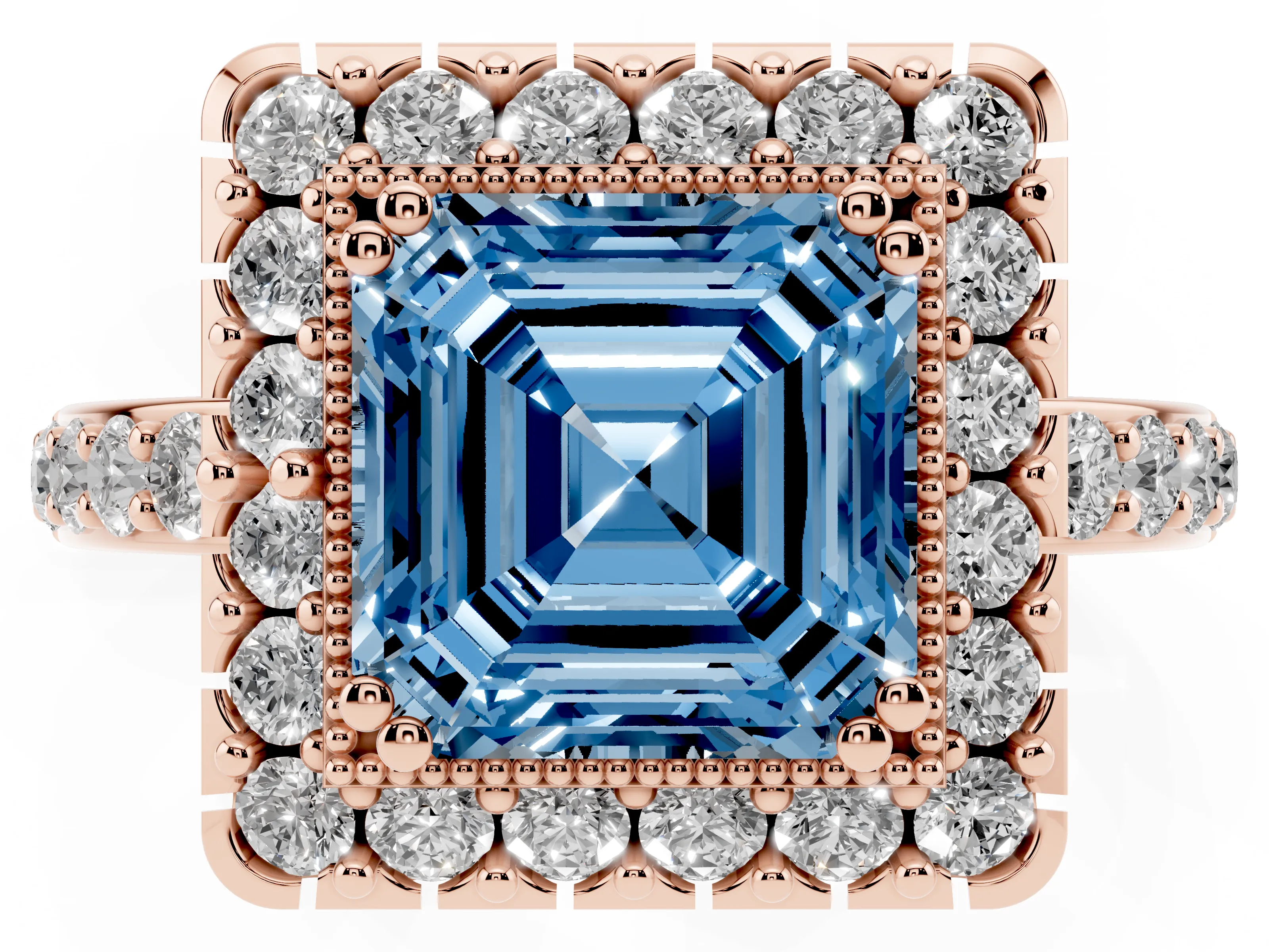 Fancy Blue Asscher Cut Diamond Halo Ring Set in Rose gold with Pavé Shank and Prong Setting