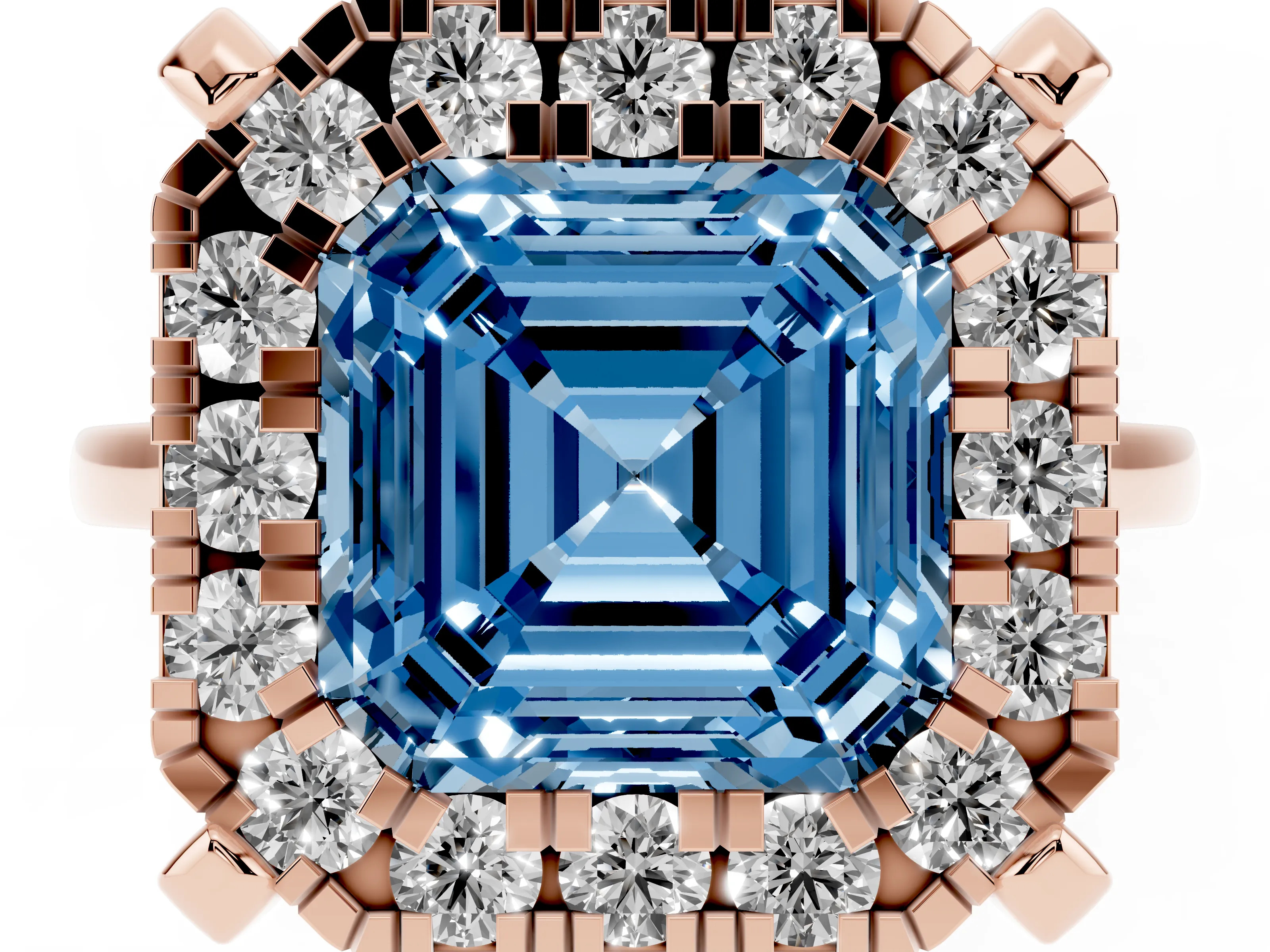 Fancy Blue Asscher Cut Diamond Cluster Halo Solitaire Ring Set in Rose gold with Prong Setting