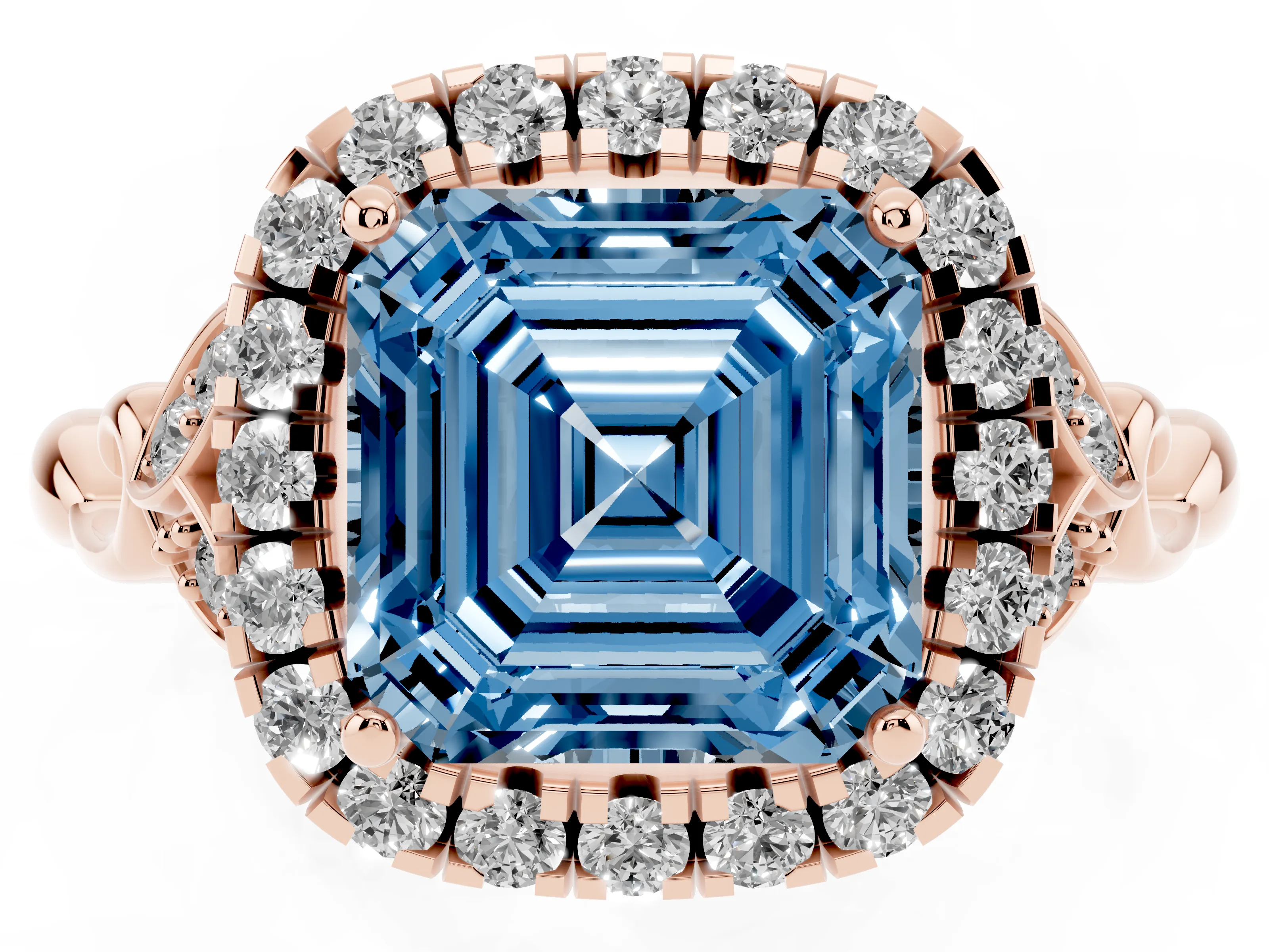 Fancy Blue Asscher Cut Diamond Halo Engagement Ring Set in Rose gold with Vintage-Inspired Band and Prong Setting