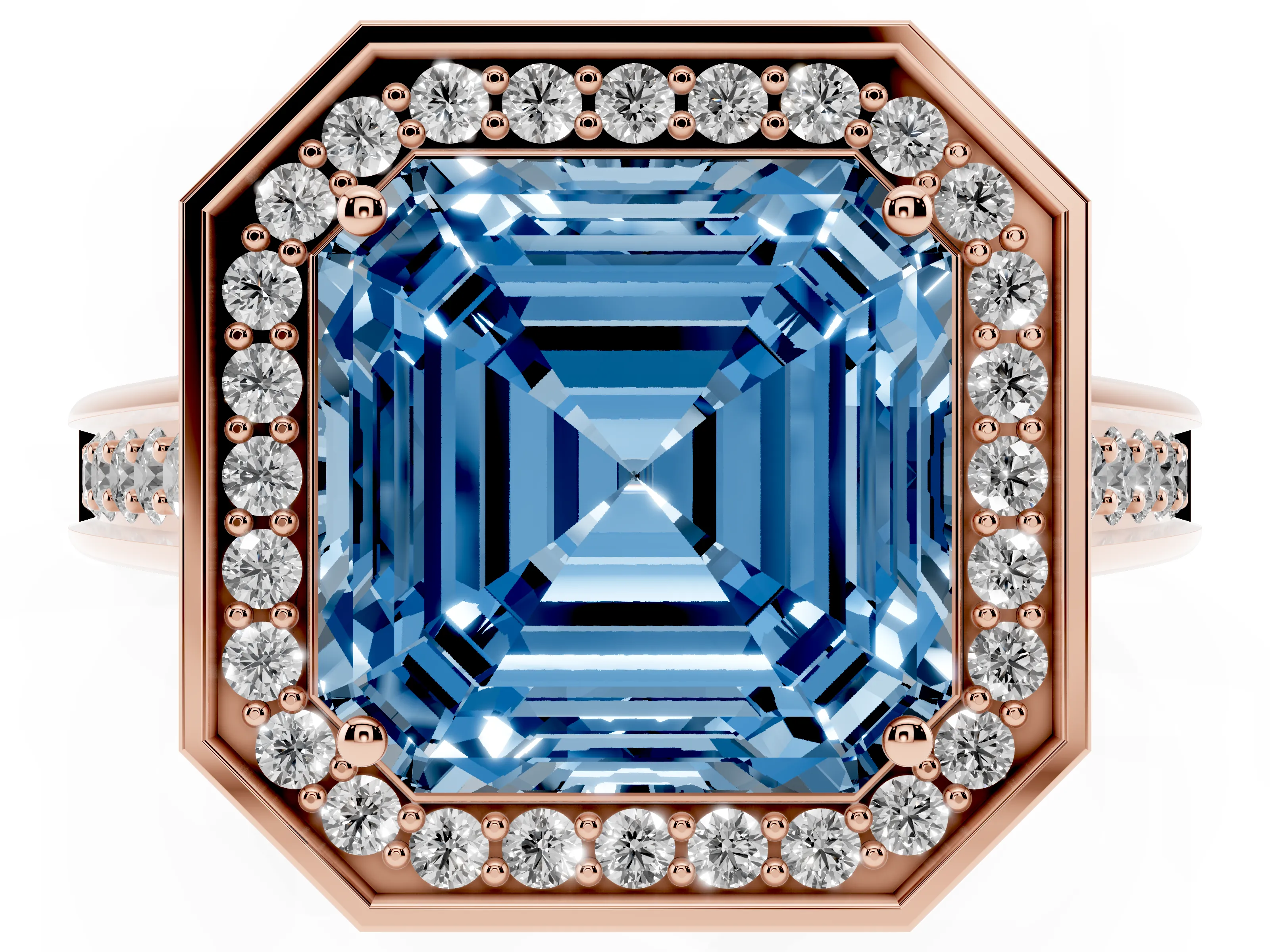 Fancy Blue Asscher Cut Diamond Halo Solitaire Ring Set in Rose gold with Pavé Band and Bezel Setting
