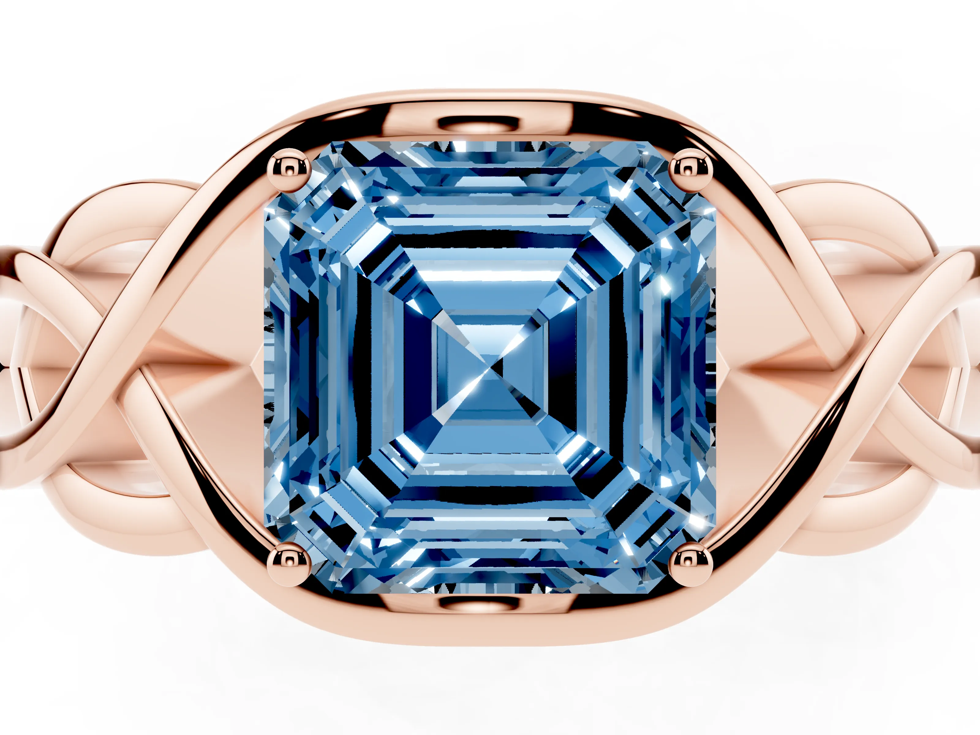 Fancy Blue Asscher Cut Diamond Solitaire Ring Set in Rose gold with Intertwined Band