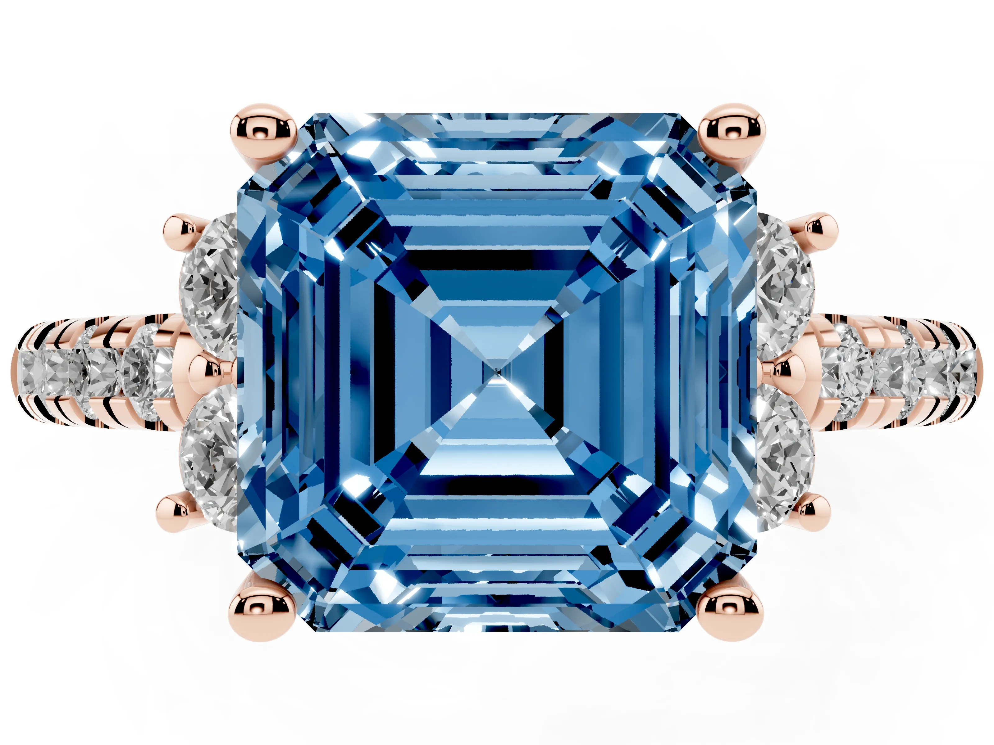 Fancy Blue Asscher Cut Diamond Three-Stone Pavé Ring Set in Rose gold with Prong Setting
