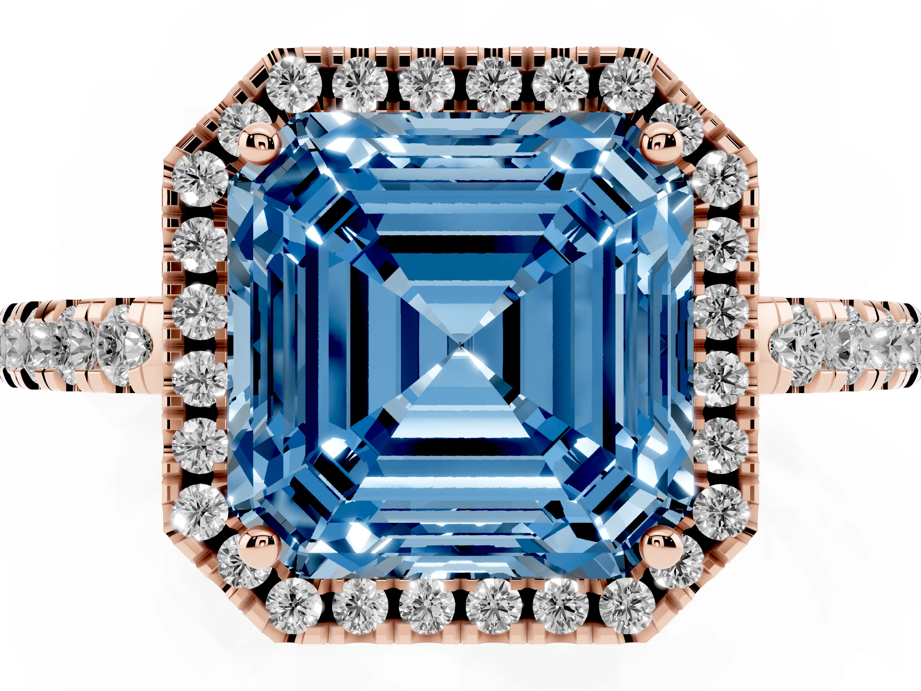 Fancy Blue Asscher Cut Diamond Pavé Band Halo Engagement Ring Set in Rose gold with Prong Setting