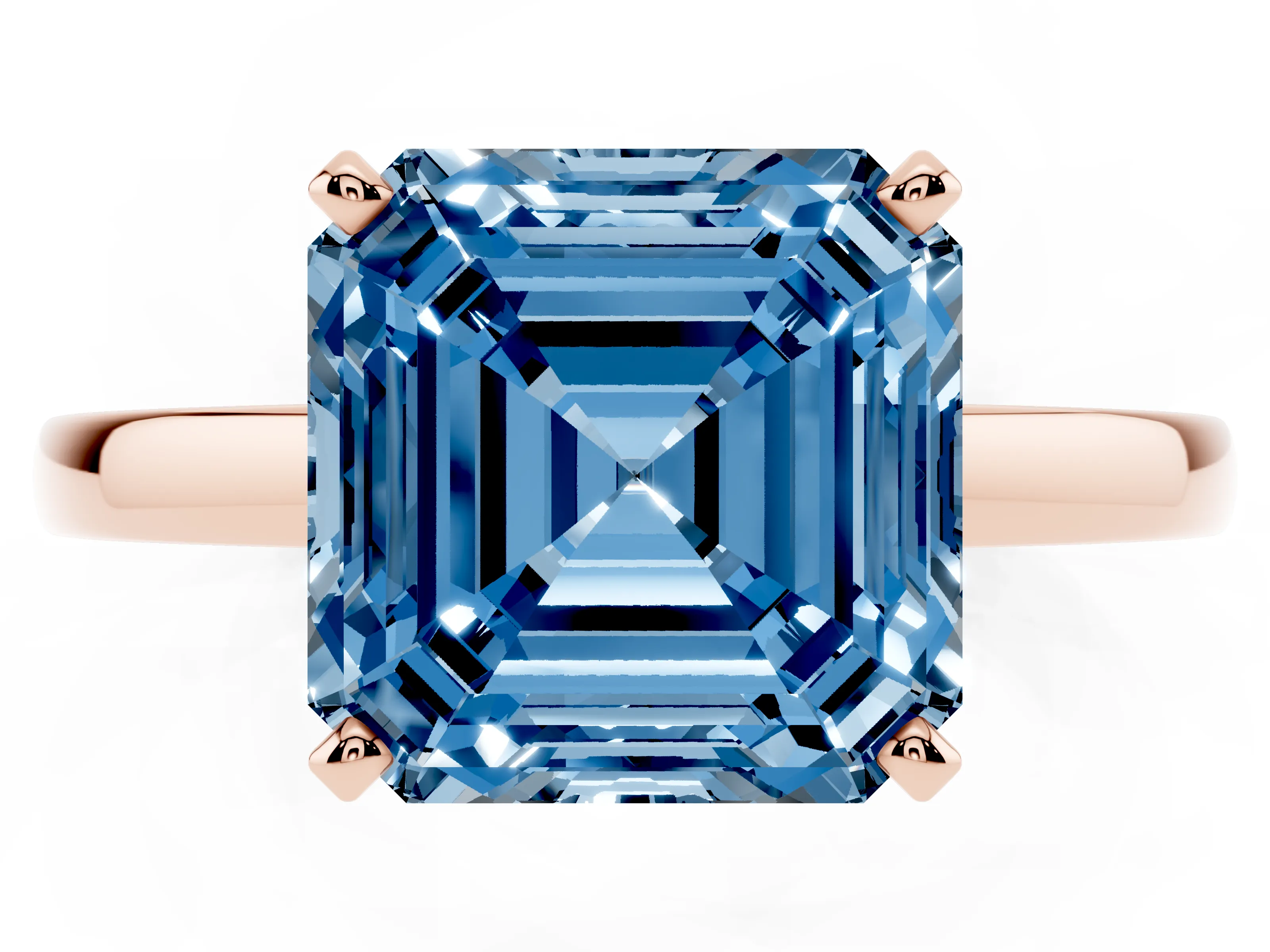 Fancy Blue Asscher Cut Diamond Solitaire Engagement Ring Set in Rose gold with Prong Setting on a Classic Band