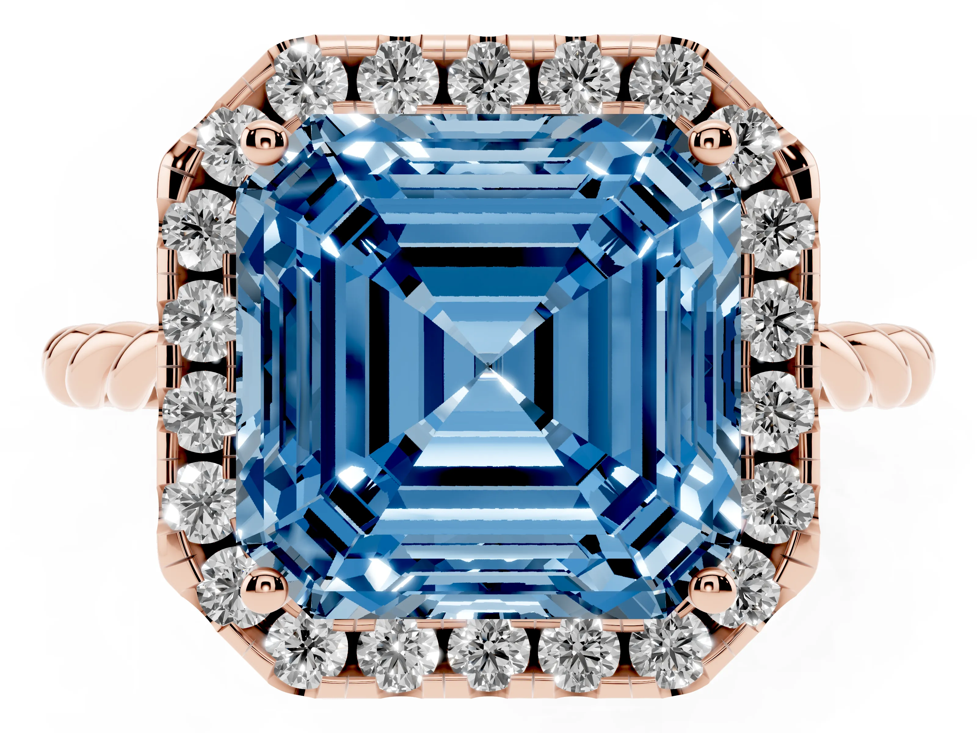 Fancy Blue Asscher Cut Diamond Halo Ring Set in Rose gold with Plain Twisted Band