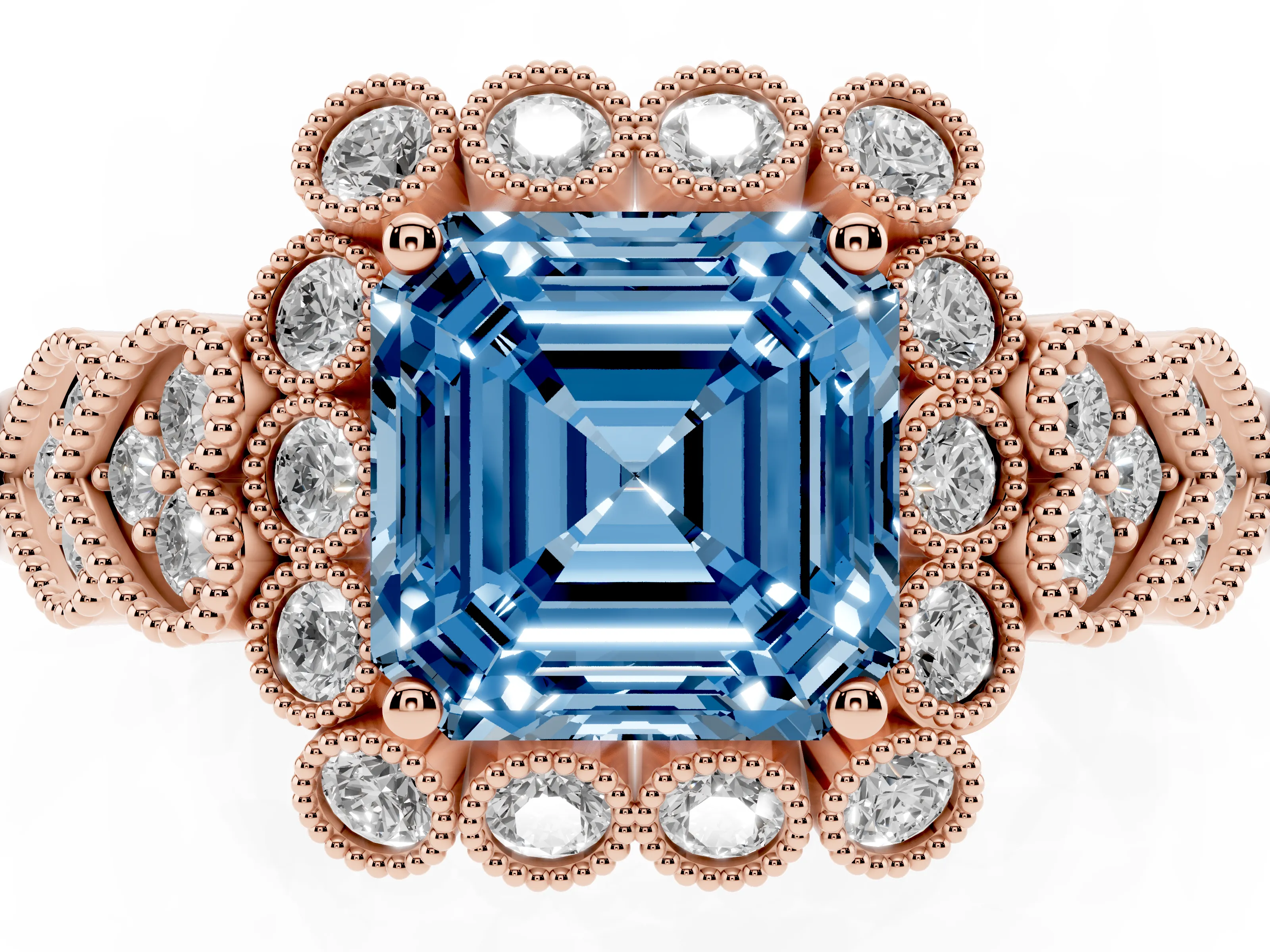 Fancy Blue Asscher Cut Diamond Solitaire Ring Set in Rose gold with Milgrain Pavé Heart Band